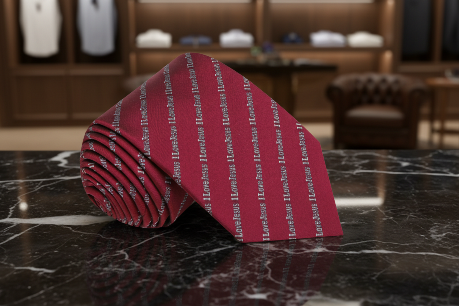 Single Tie: Carmine Red, Grey I love Jesus Tie  