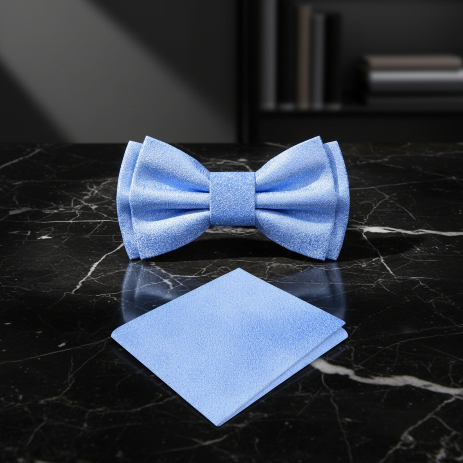 Sky Blue Bow Tie and Square on Black Marble