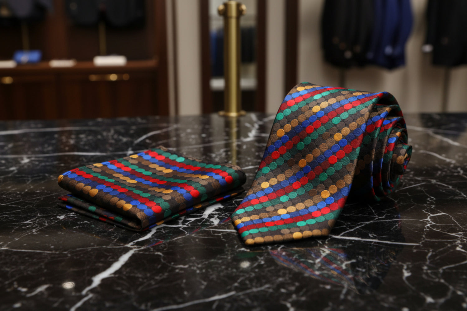 Alt View: A Red, Yellow, Blue, Green Polka Dot Pattern Necktie, Matching Pocket Square