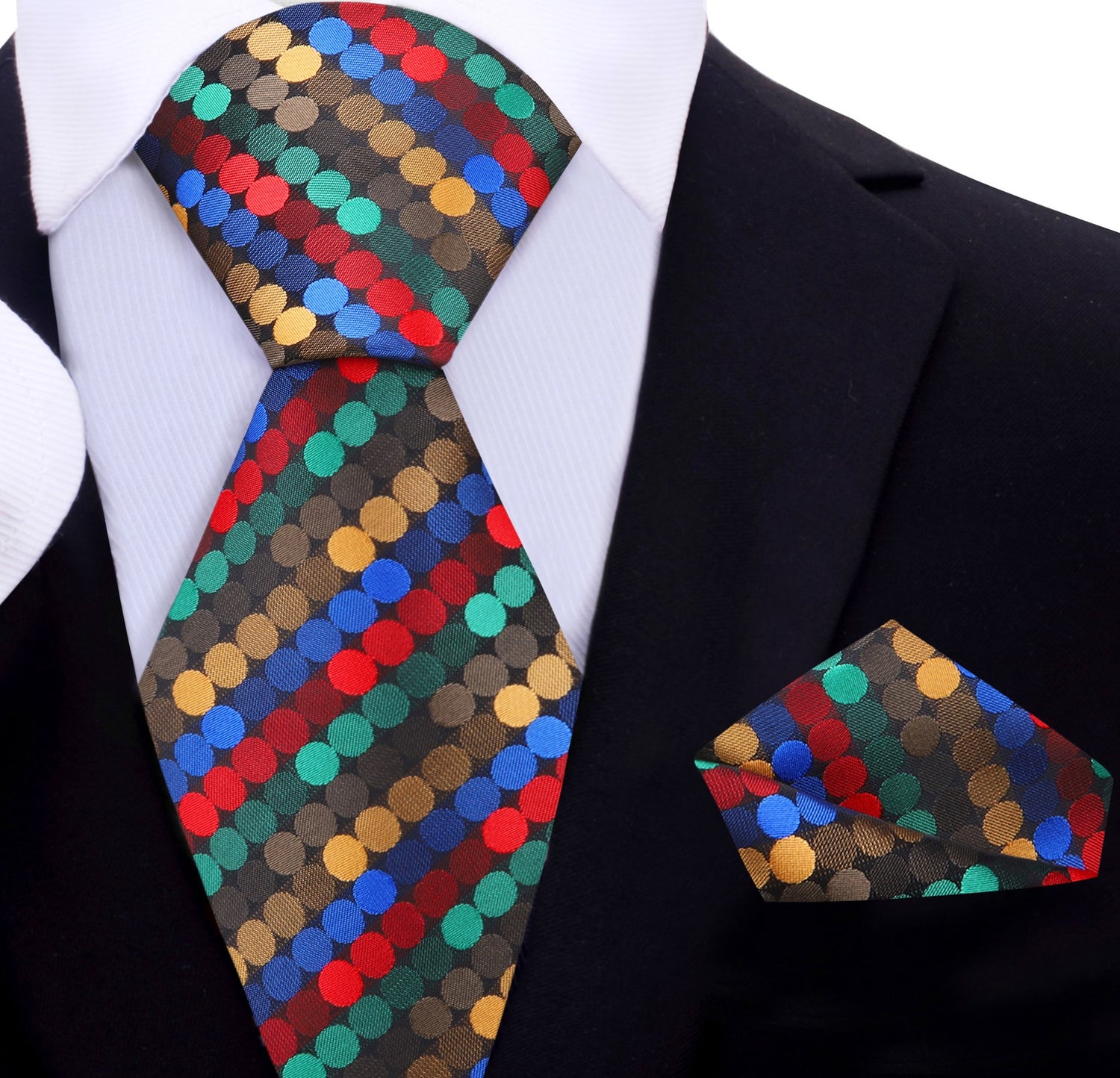 A Red, Yellow, Blue, Green Polka Dot Pattern Necktie, Matching Pocket Square
