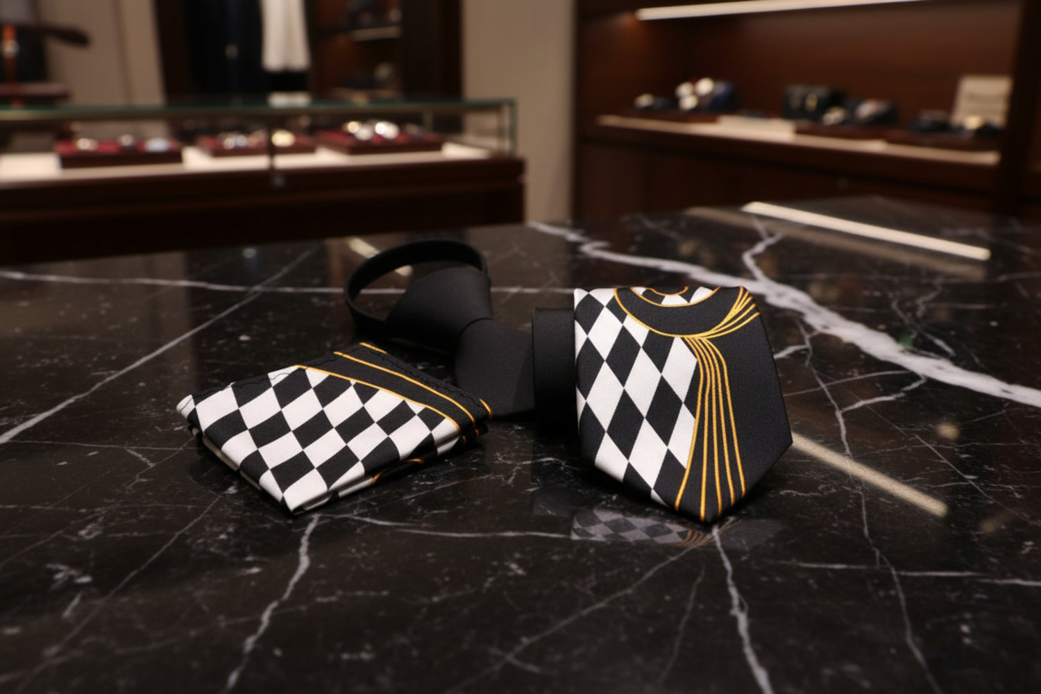 View 3 Silky Black, Sun Gold, Shadow White With Abstract Pattern And Check Designs Tie and Square