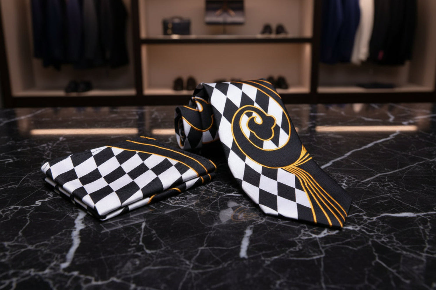 View 2 Silky Black, Sun Gold, Shadow White With Abstract Pattern And Check Designs Tie and Square