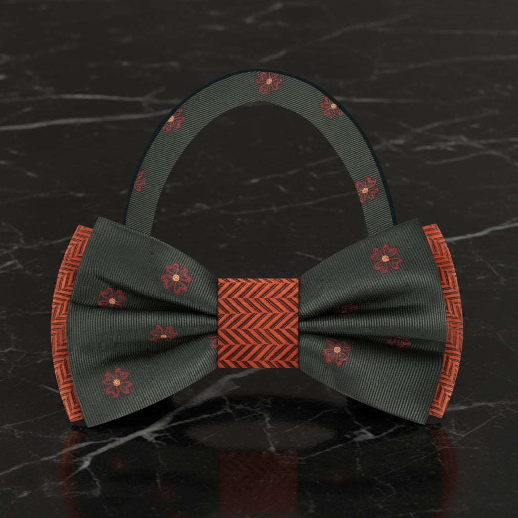 Charcoal, Red, orange Clovers and Crosshatch Bow tie  Pre Tied