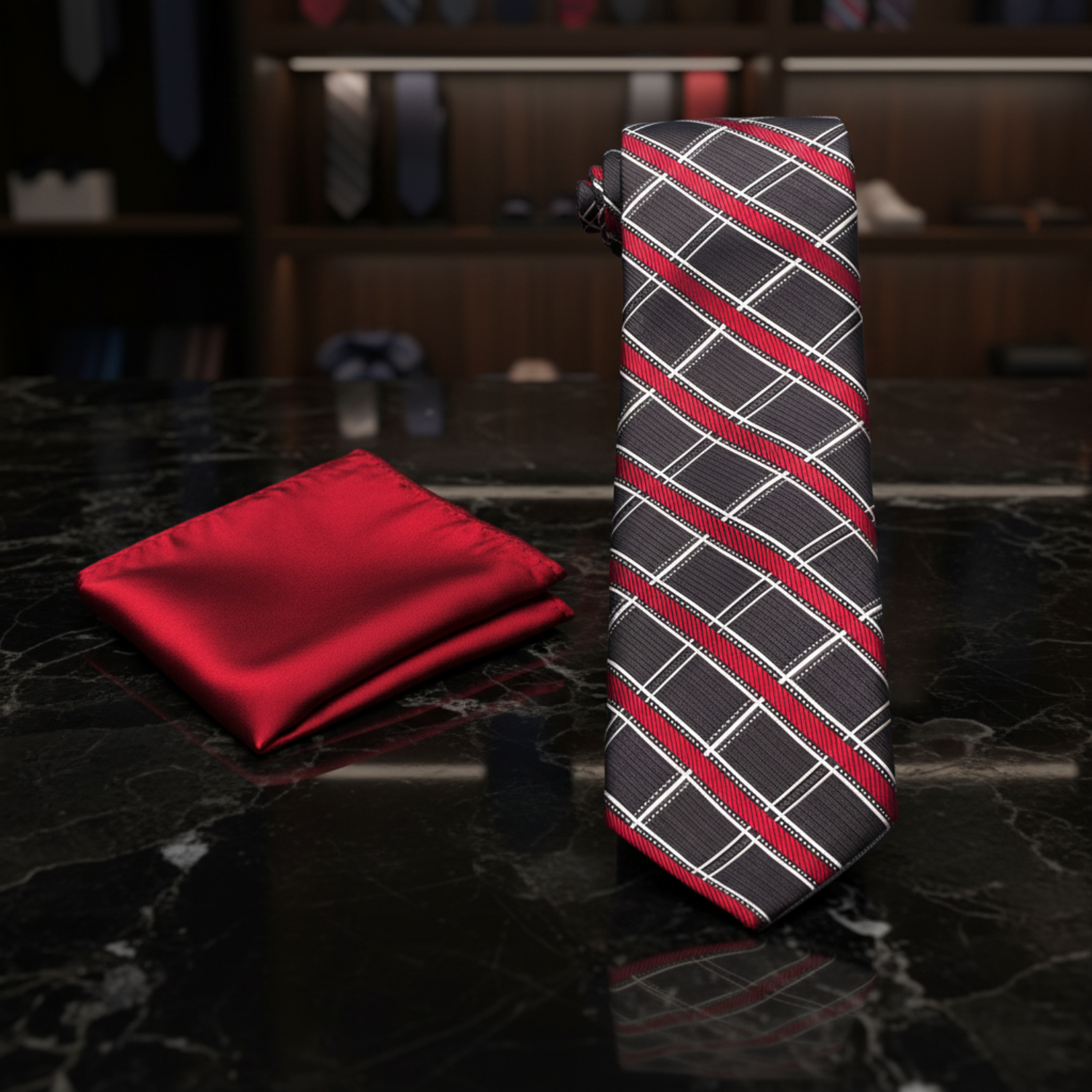 Charcoal, Red and White Plaid Tie and Red Square View 2