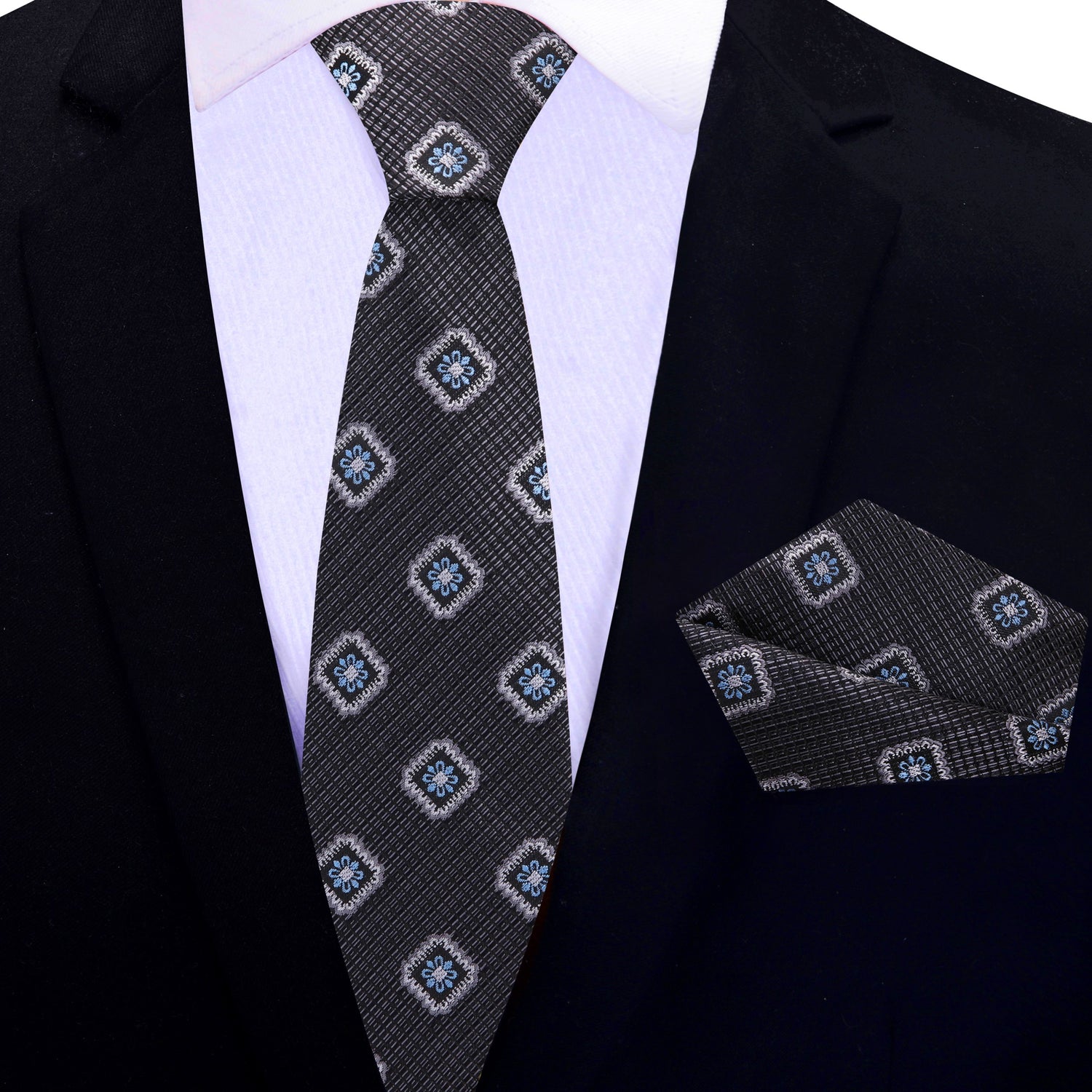 Black Geometric Medallion Thin Tie and Pocket Square