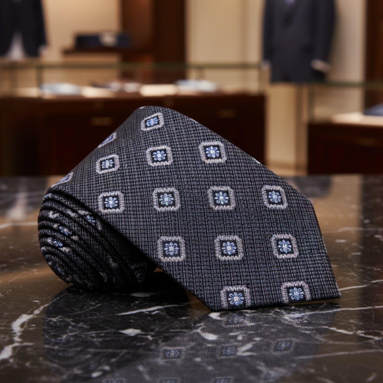 Black, Grey, Blue Geometric Medallion Tie