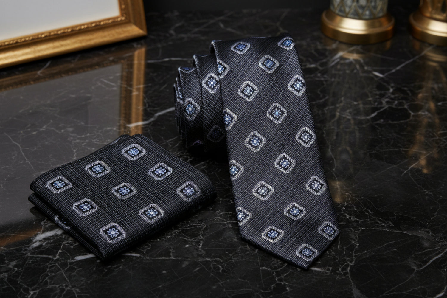 Alt View: Black Geometric Medallion Tie and Pocket Square