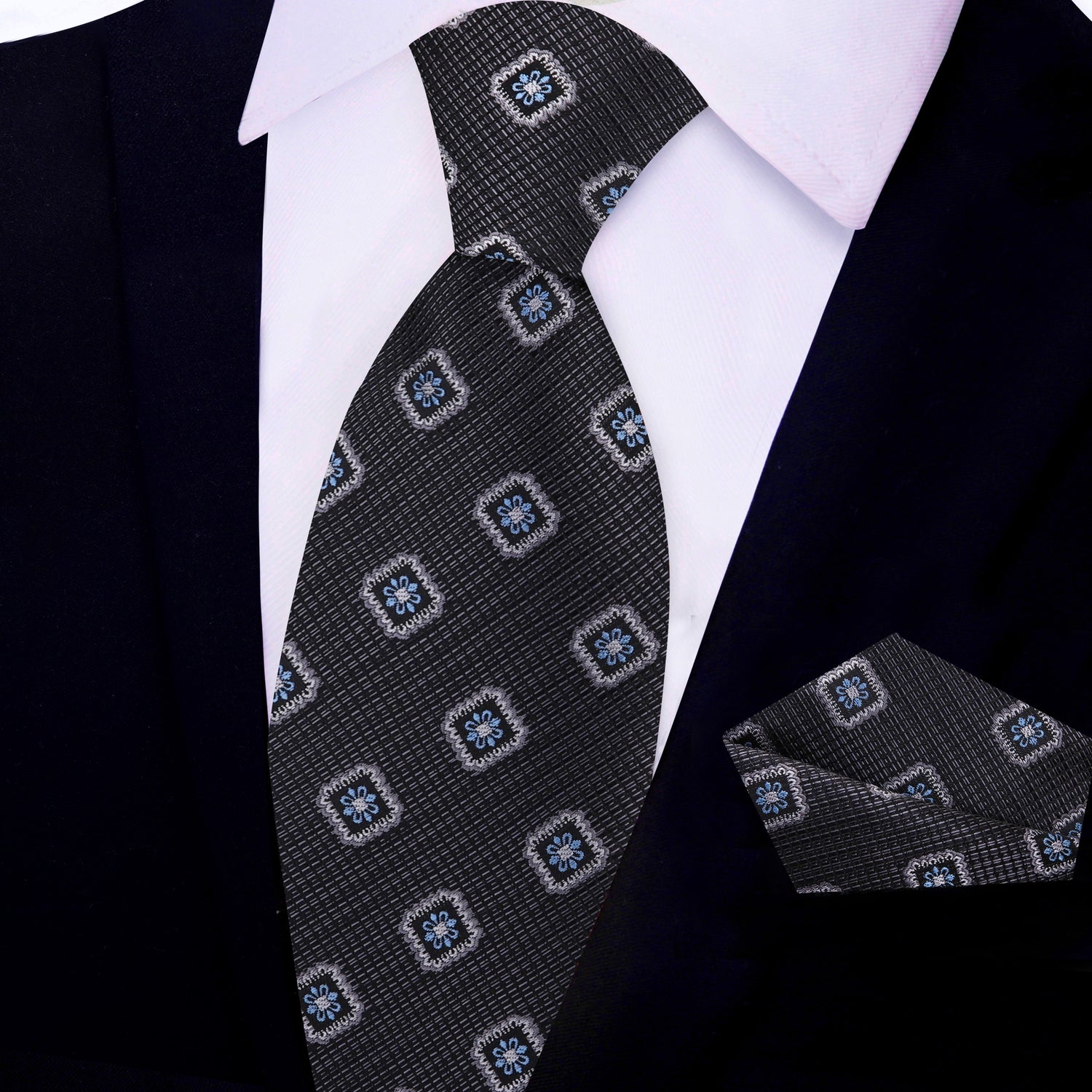View 2: Black Geometric Medallion Tie and Pocket Square