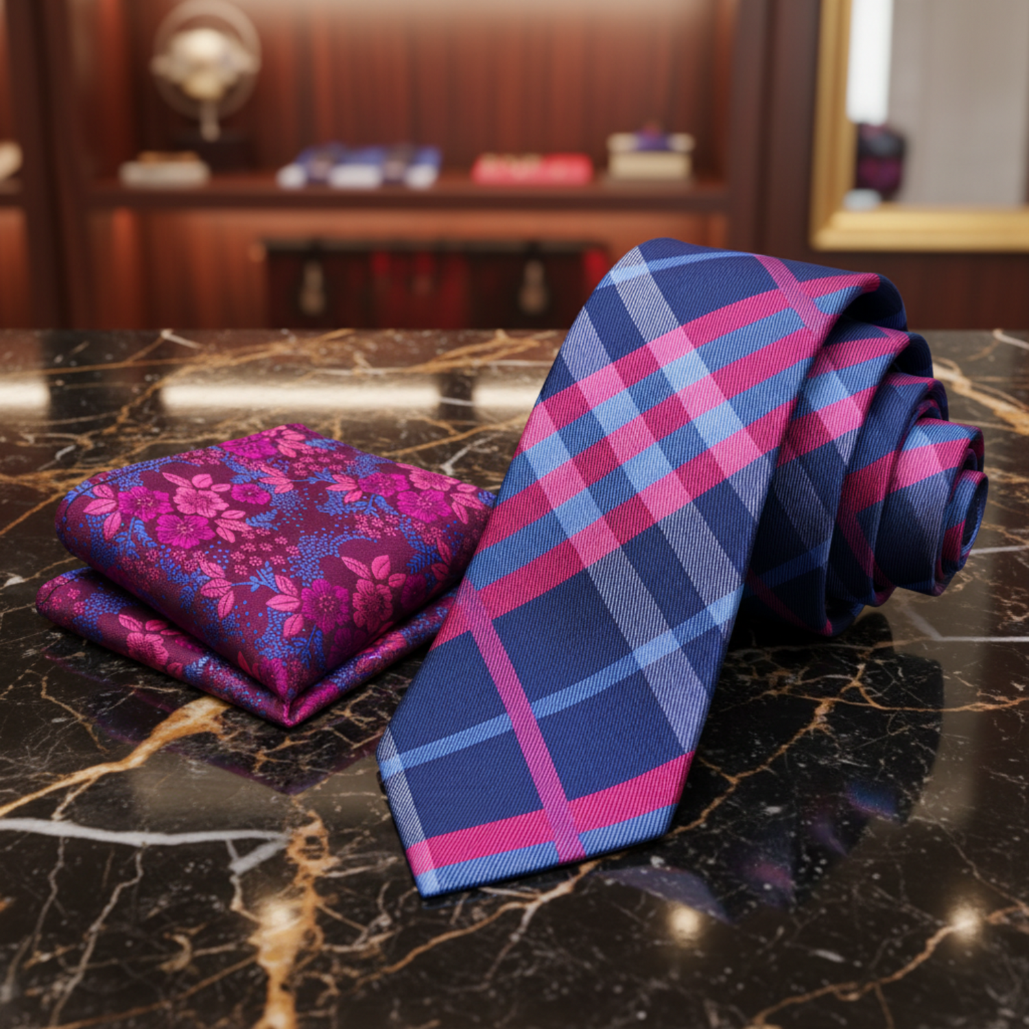 View 2: Blue and Pink Plaid Tie and pocket Square