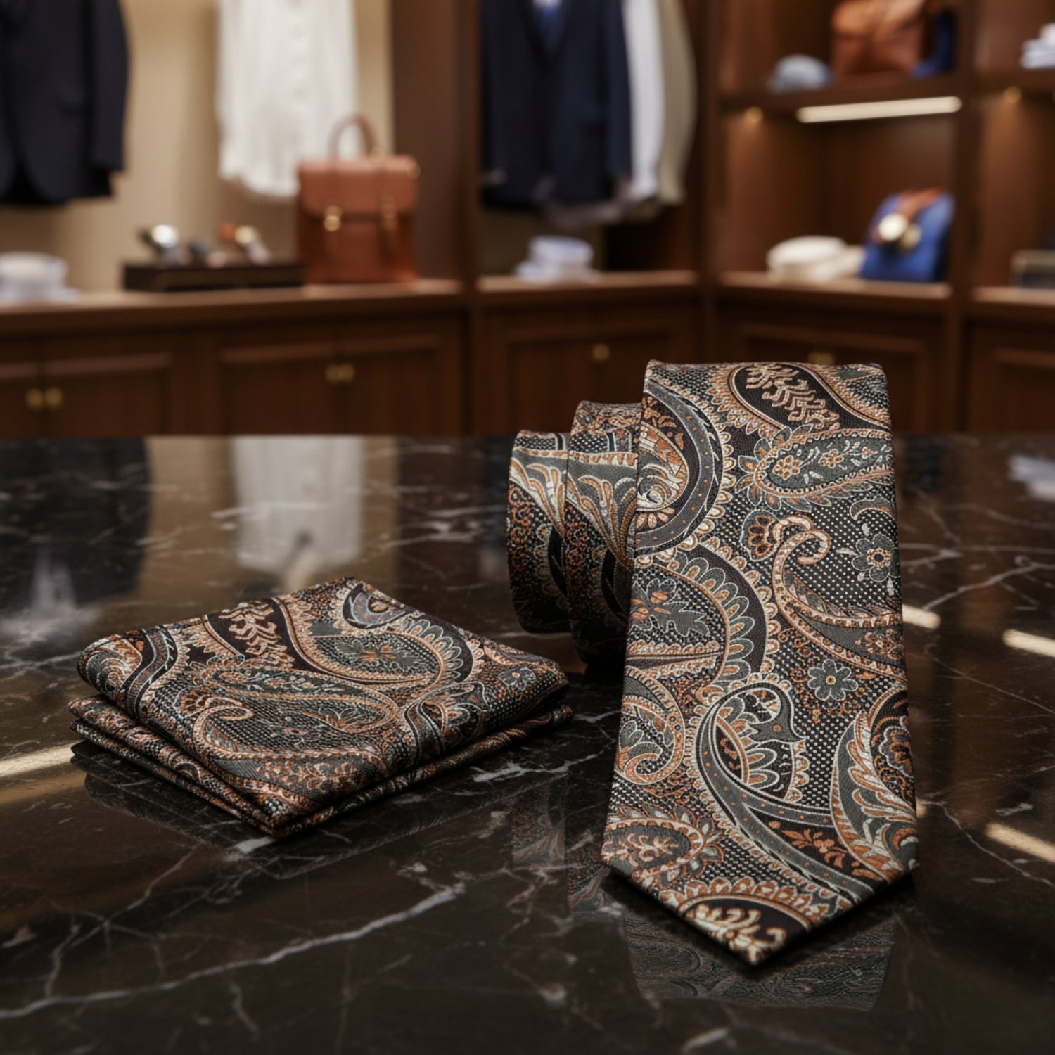 Alt View: Brown with Check Paisley Necktie and Matching Square