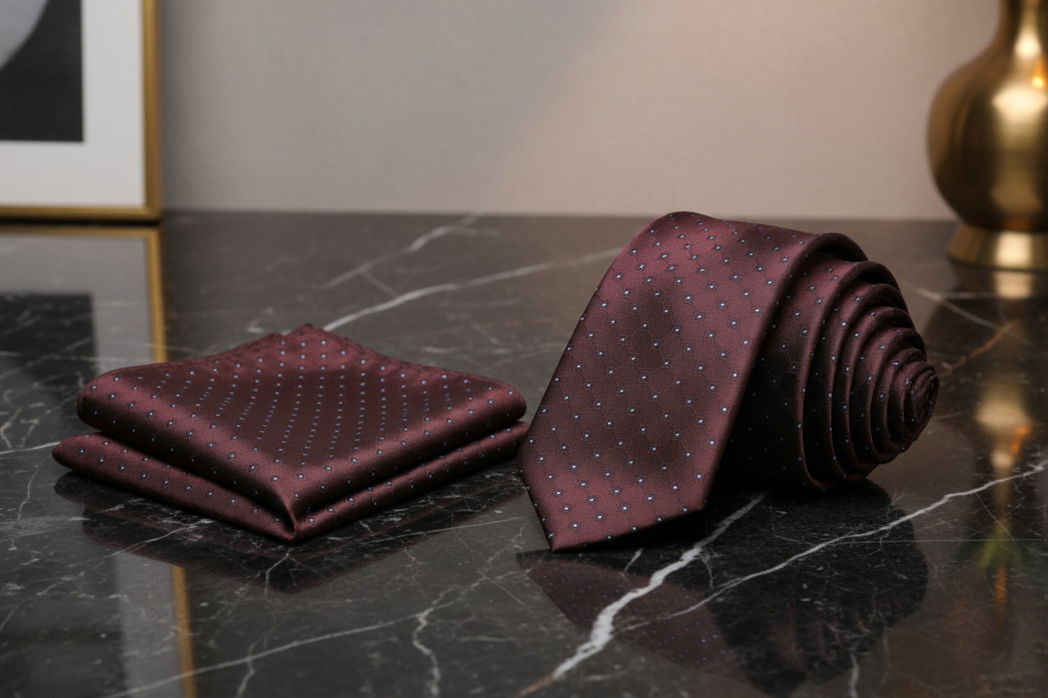 Alt View: A Brown, Black, White Geometric Texture With Small Black, White Checks Necktie, Pocket Square
