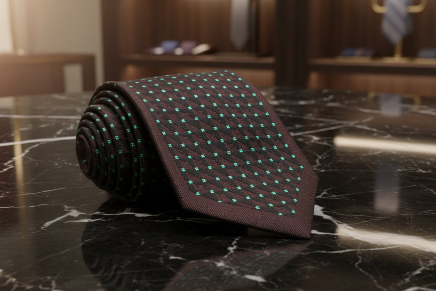 Chocolate and Mint Green Geometric Tie 