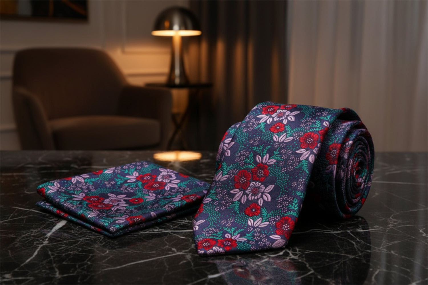 Alt View; Red, Green, Pink Floral Tie and Pocket Square