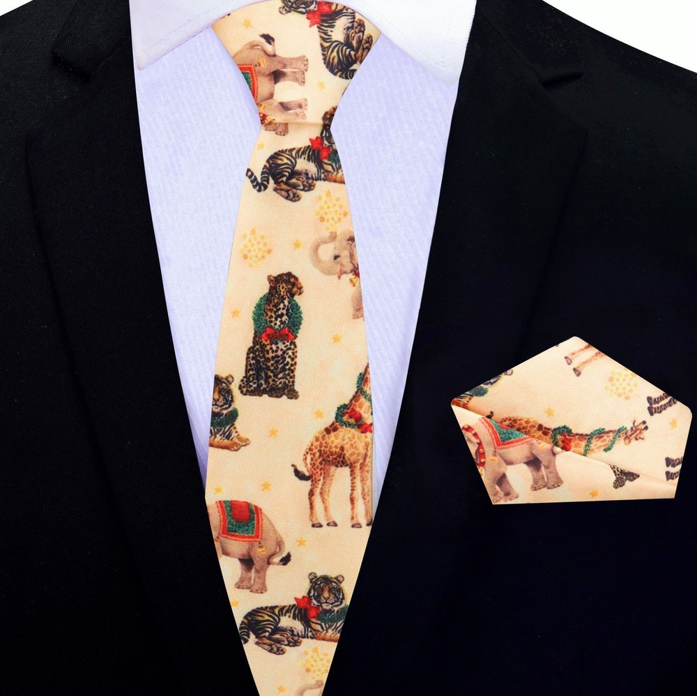 Thin Tie Yellow, Black, Red, Green Christmas Animals Tie And Pocket Square