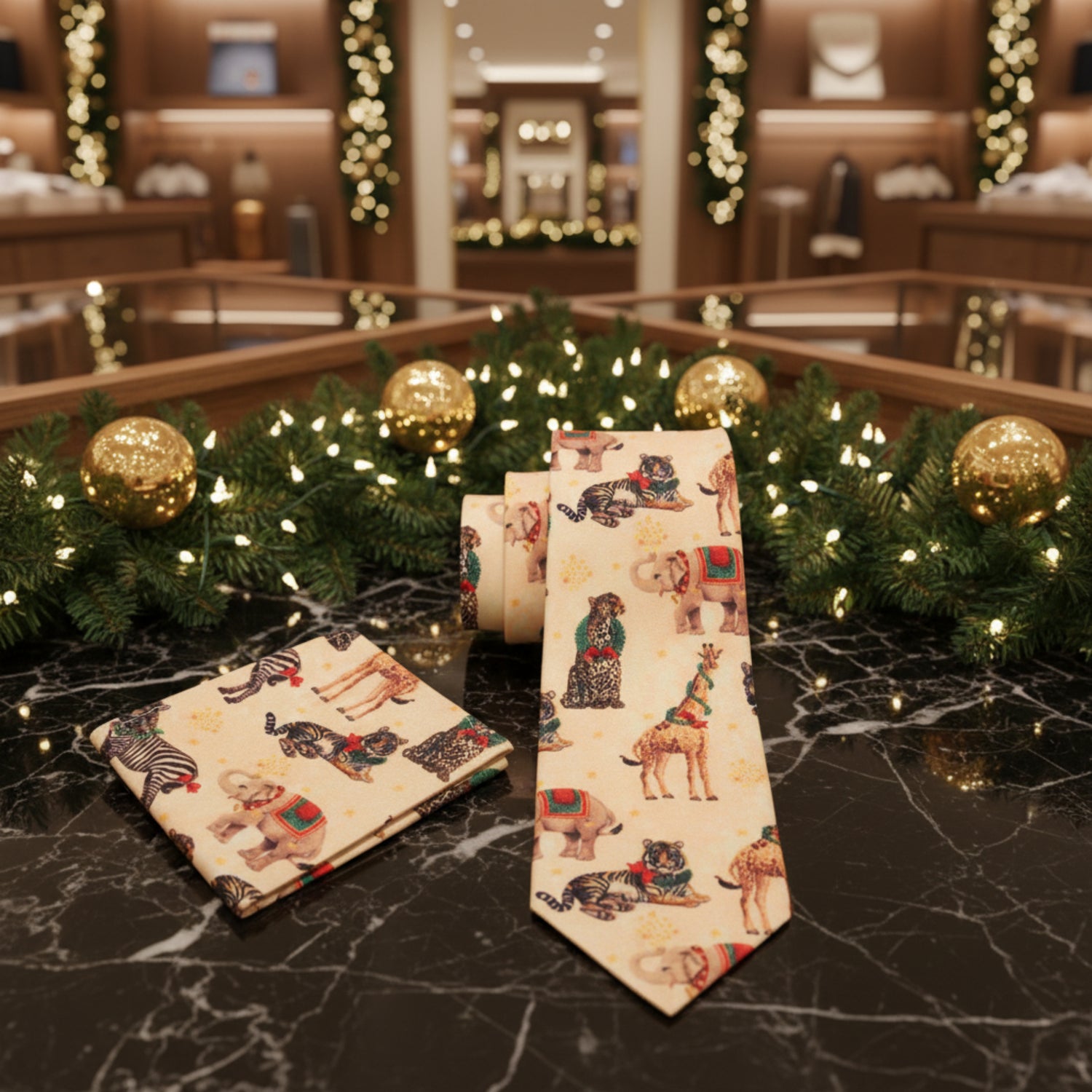 Alt View: Yellow, Black, Red, Green Christmas Animals Tie And Pocket Square