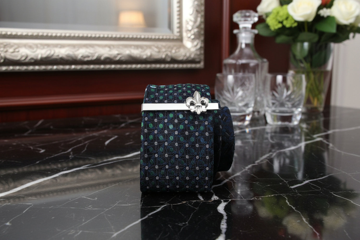 On Tie View: Chrome Fleur De Lis Tie bar