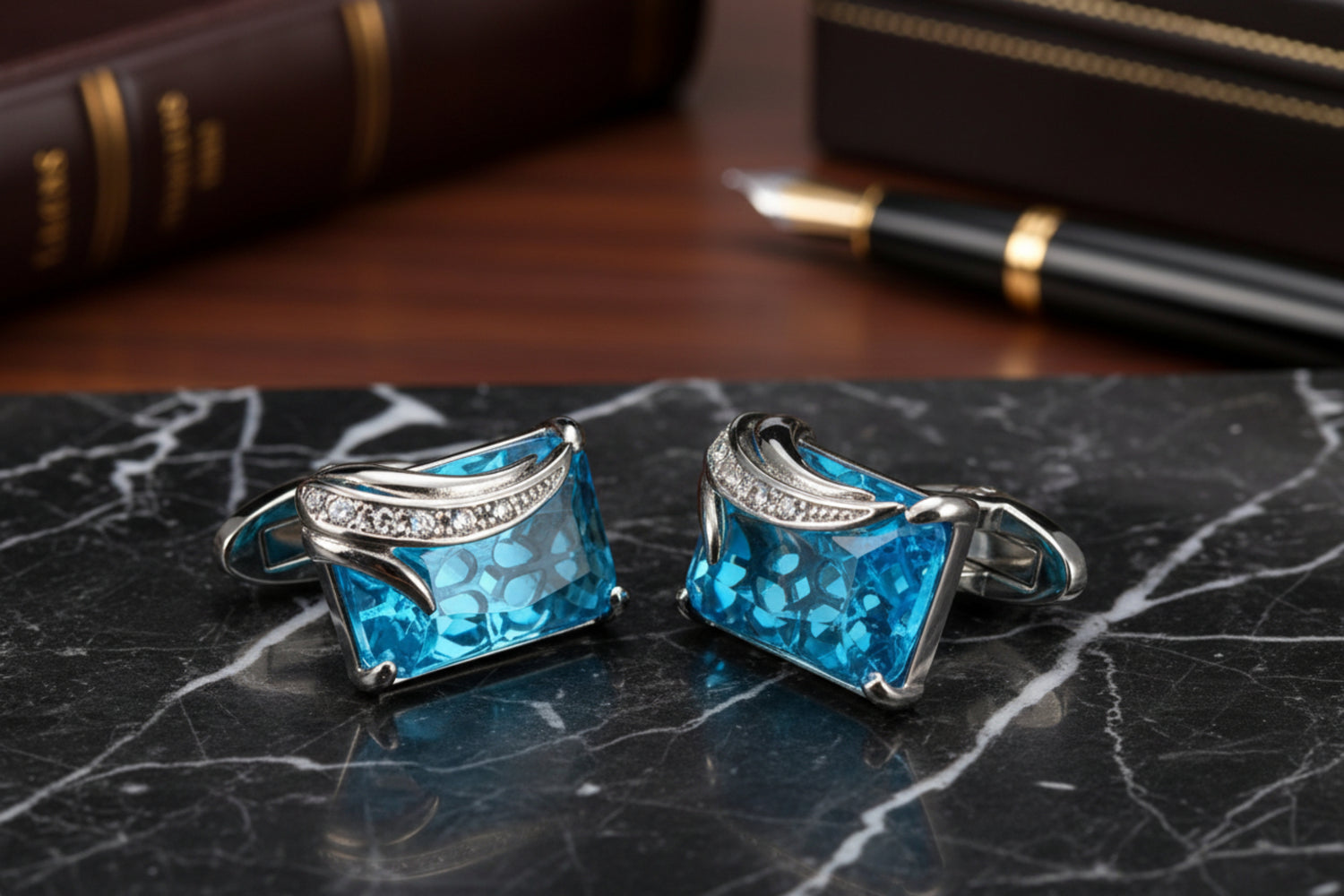 A Silver Colored with Clear and Blue Gemstones Cuff-links.