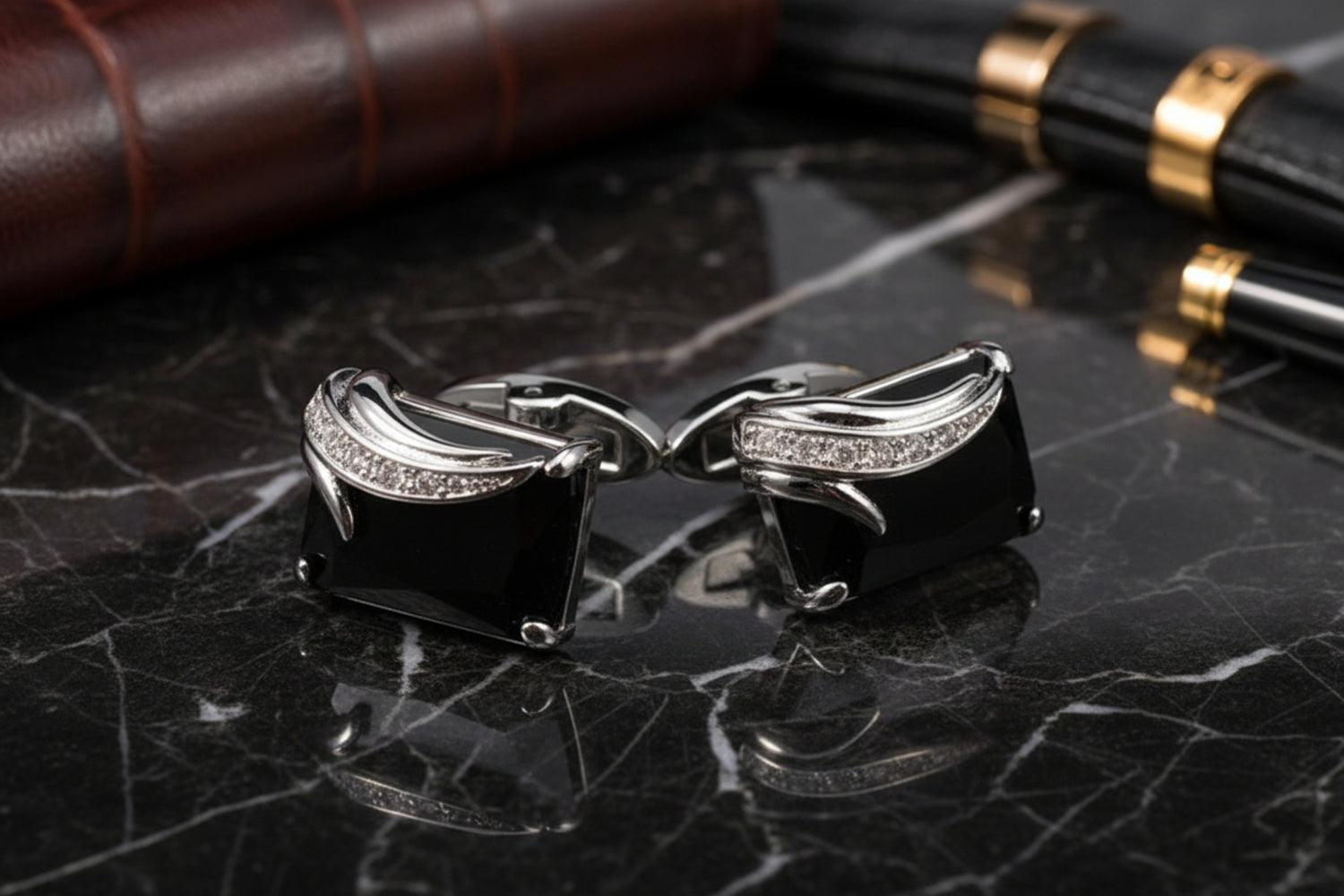 A Silver Colored with Black Gemstones Cuff-links