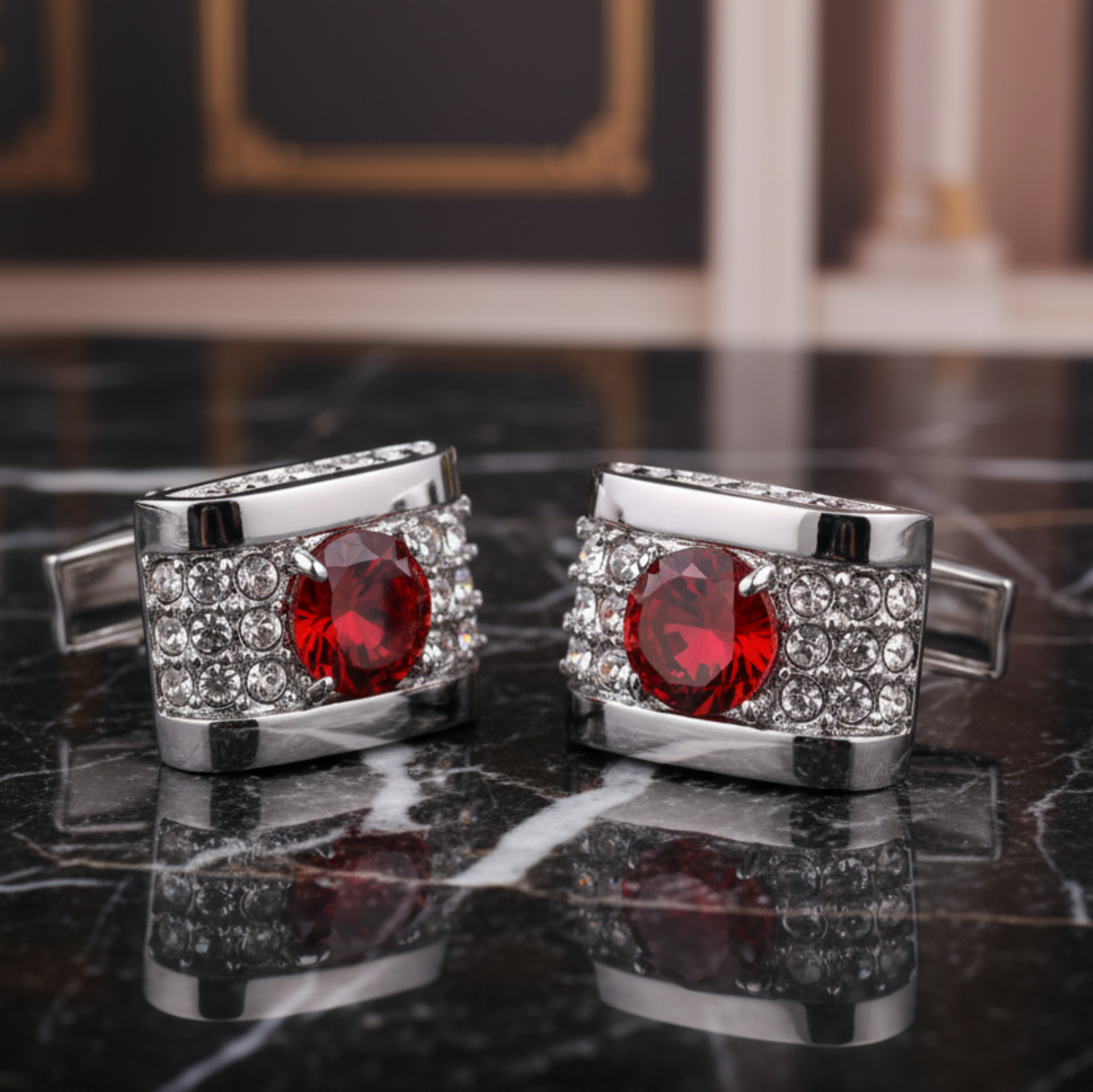 Chrome with Red and Clear Stones Cufflinks