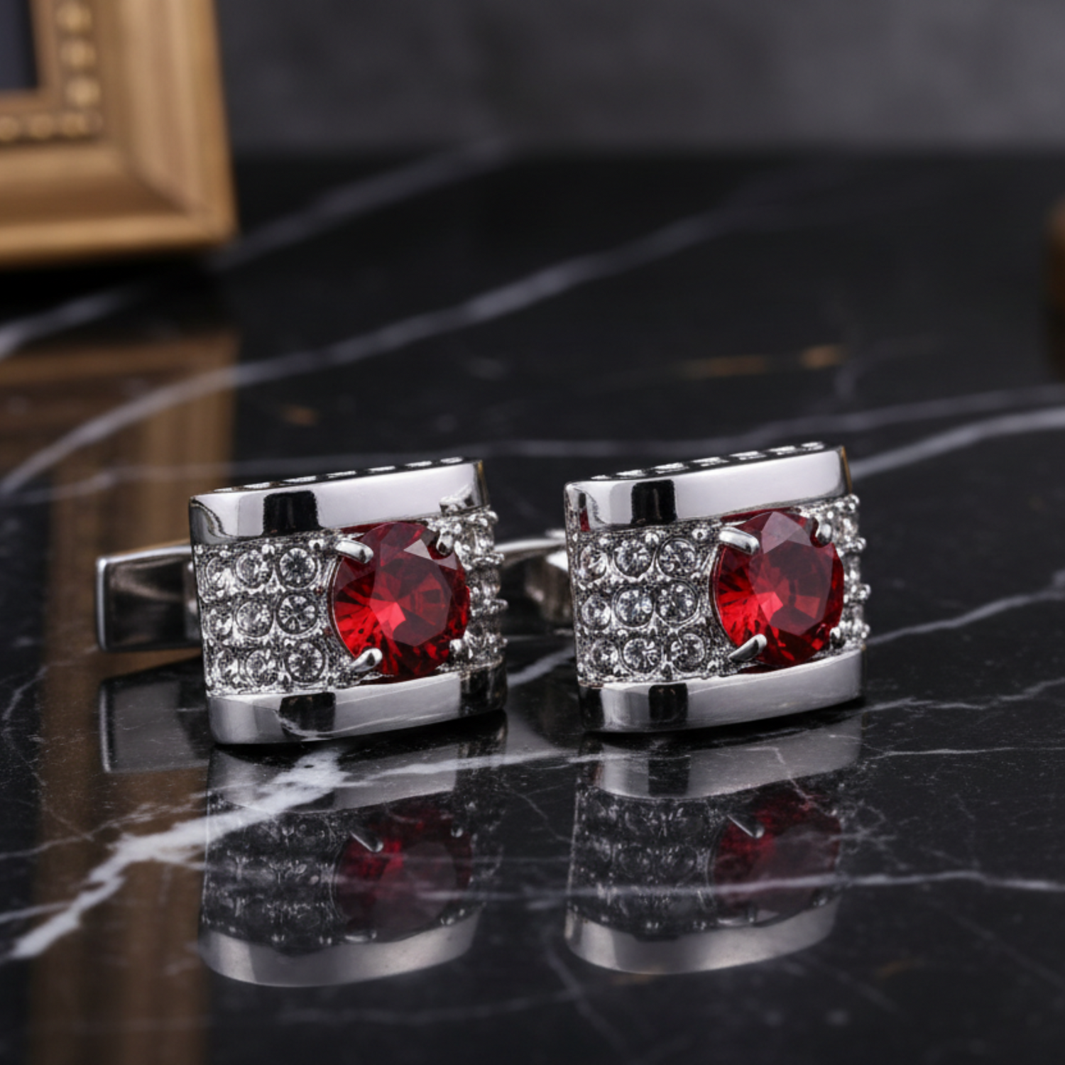 View 2: Chrome with Red and Clear Stones Cufflinks