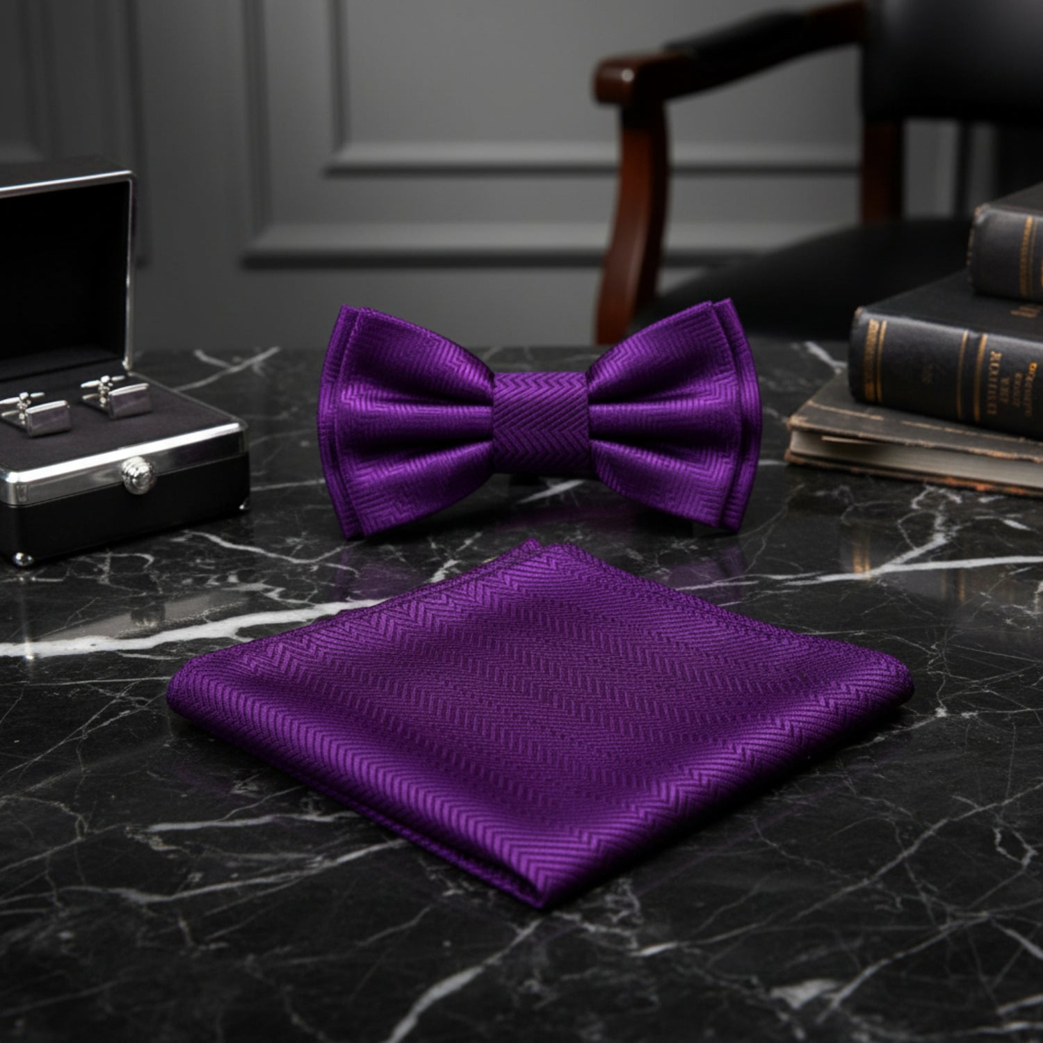 A Classy Purple Solid Pattern Self Tie Bow Tie, Matching Pocket Square