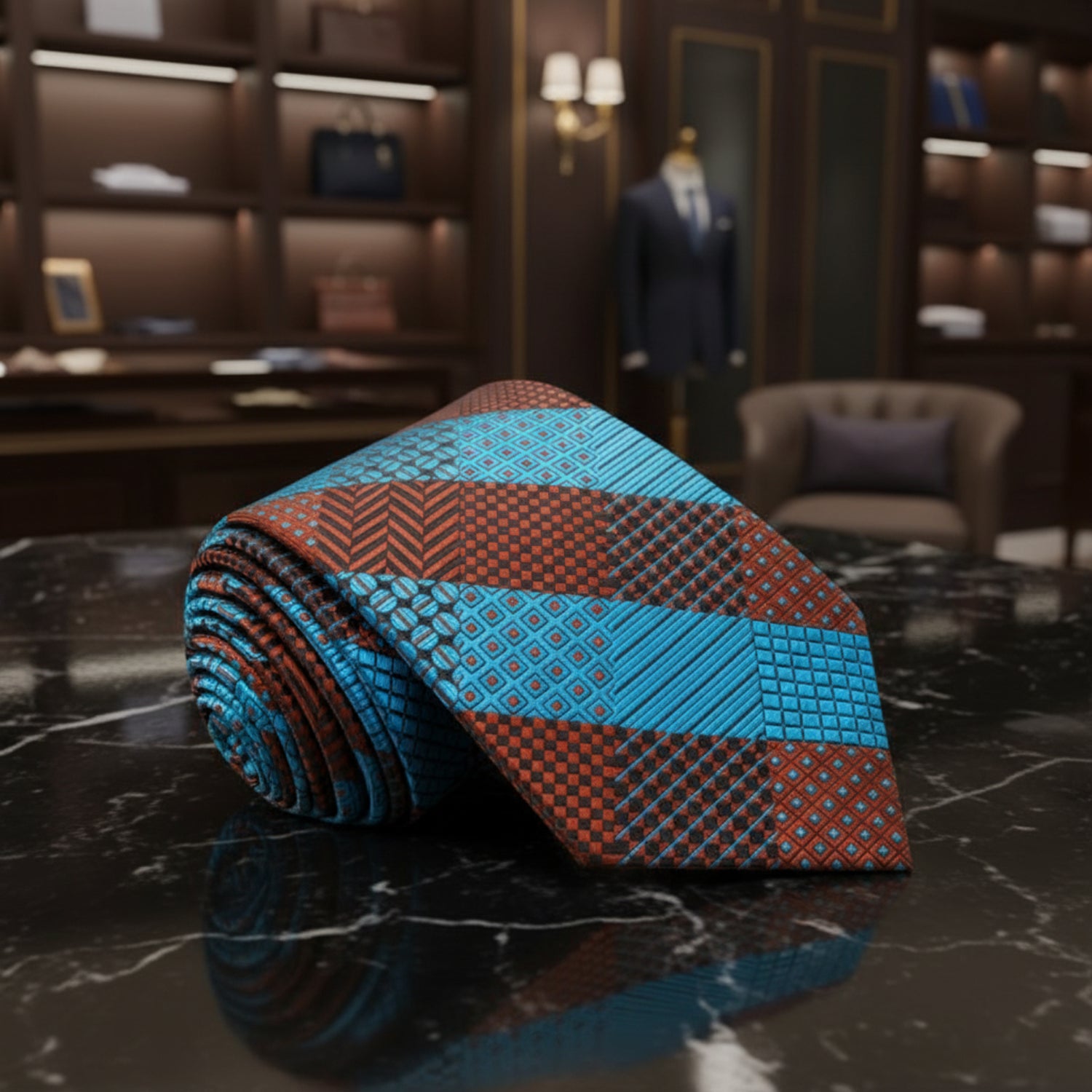 Copper and Teal Geometric necktie