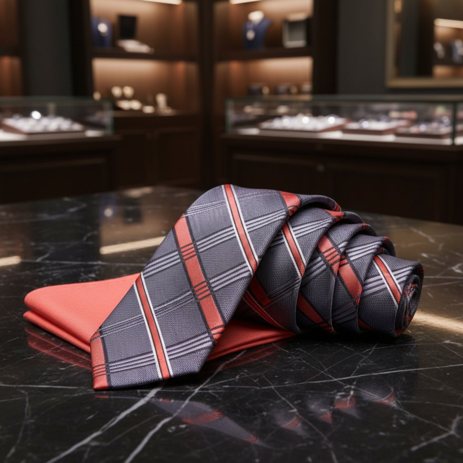 Alt View: Grey, Coral Magnetic Plaid Tie and Pocket Square