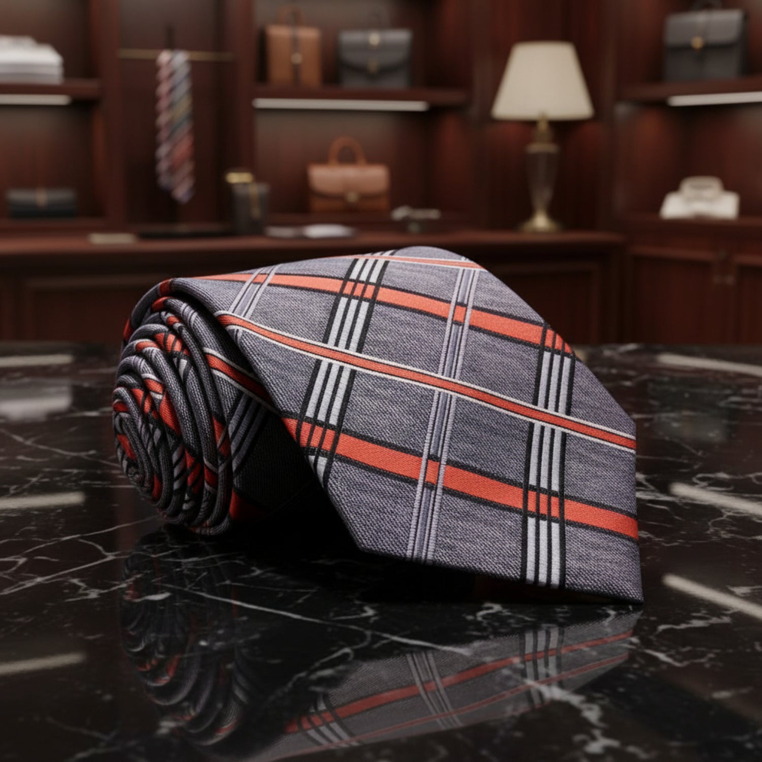 Grey, Coral Magnetic Plaid Tie 