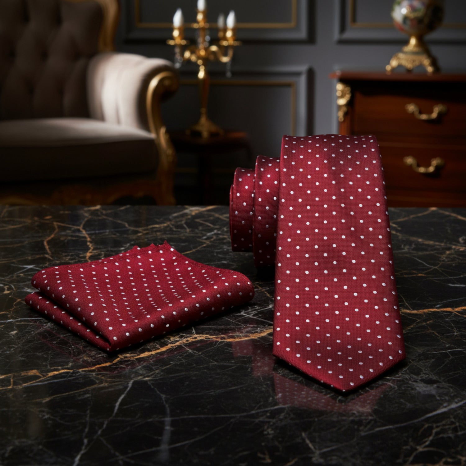 Alt View: Burgundy, White Polka Tie and Square