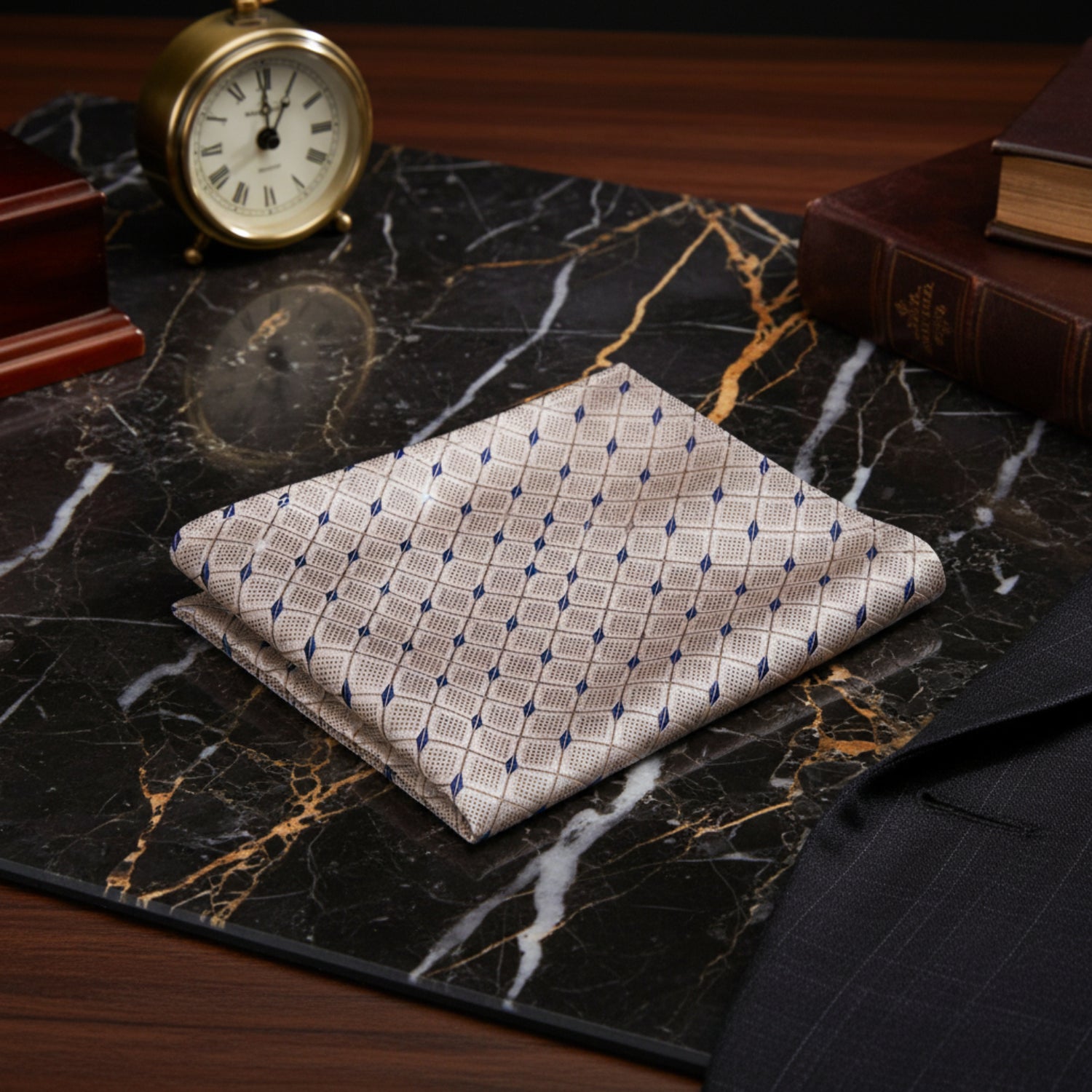 A Cream, Blue Check Pattern Pocket Square