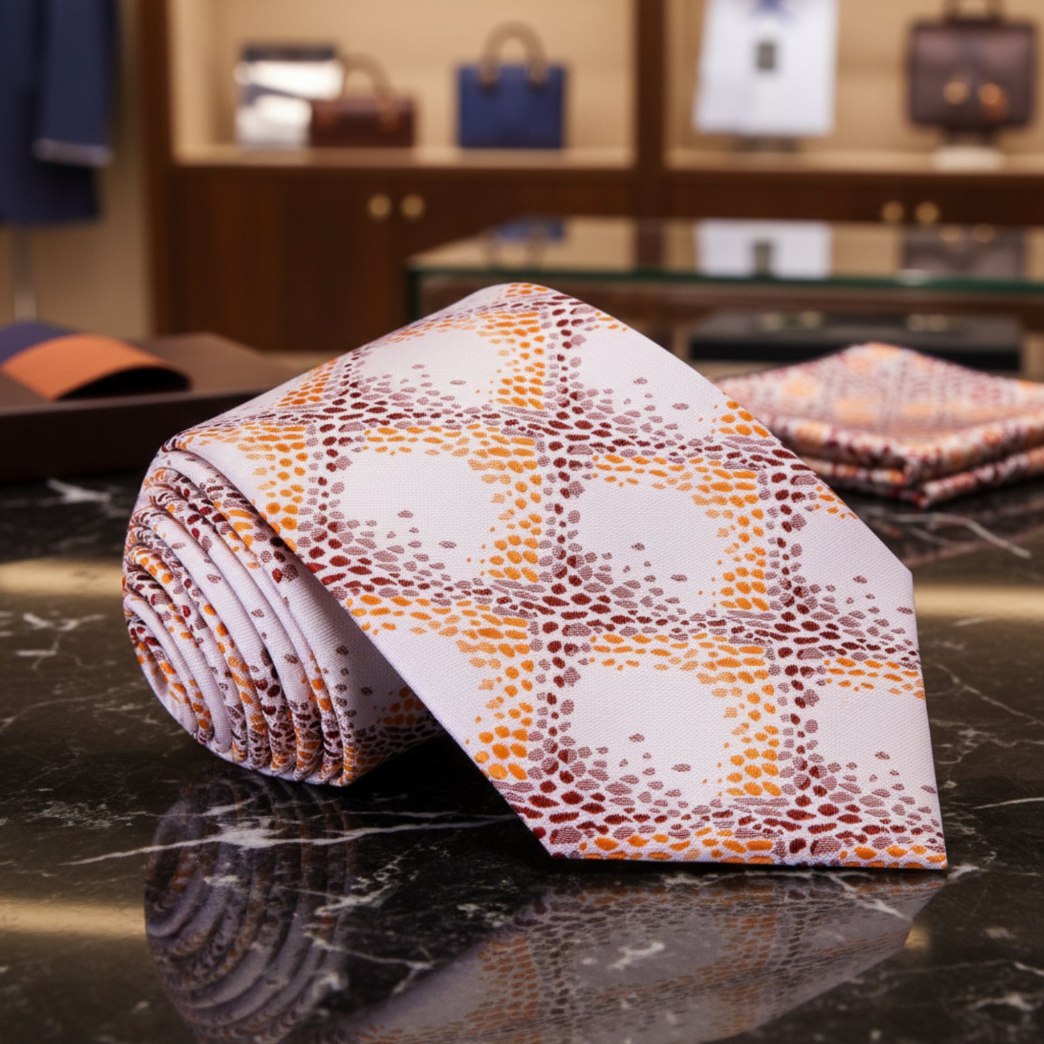 A Tan, Caramel, Brown Geometric Diamonds Pattern Necktie 