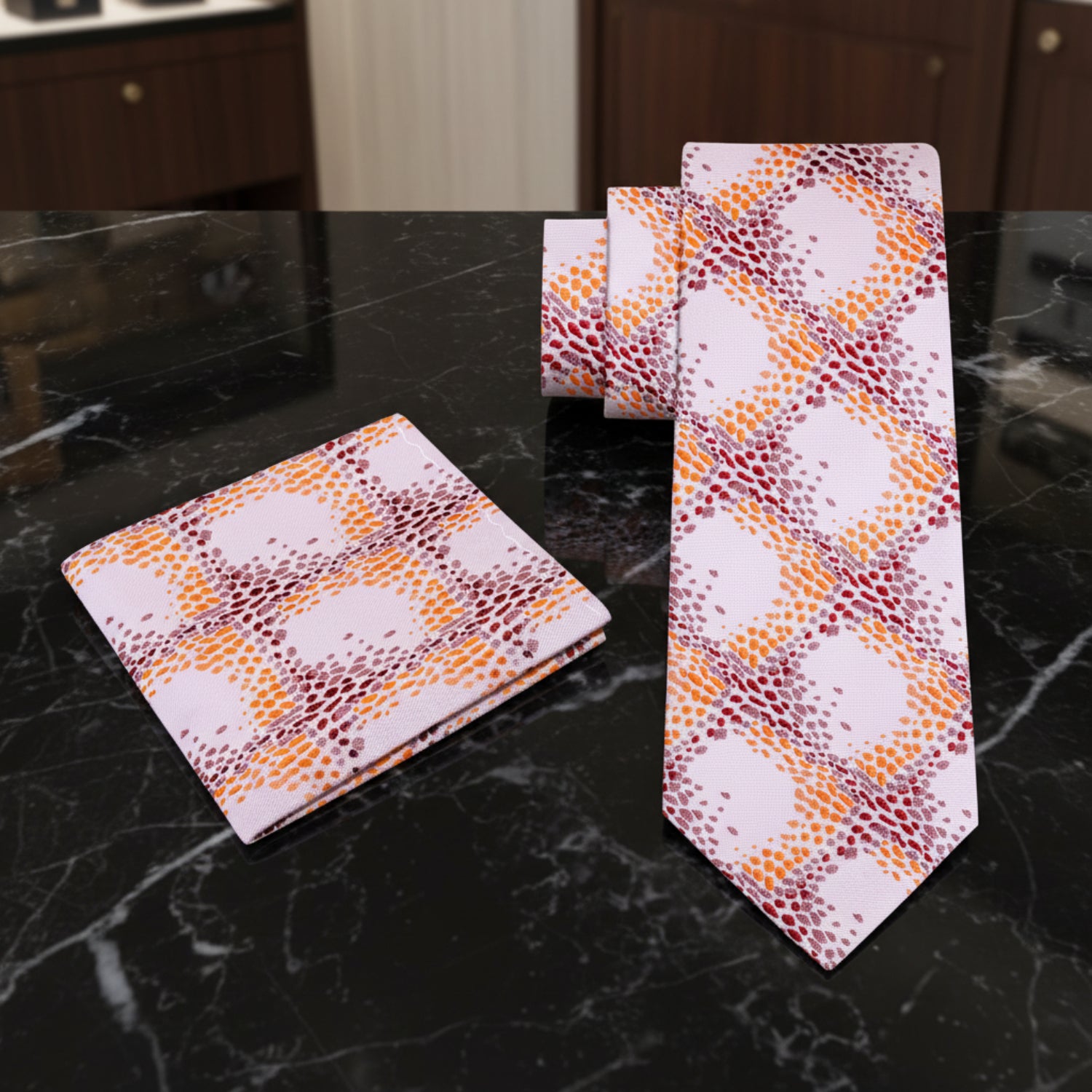 Alt View: A Tan, Caramel, Brown Geometric Diamonds Pattern Necktie, Matching Pocket Square