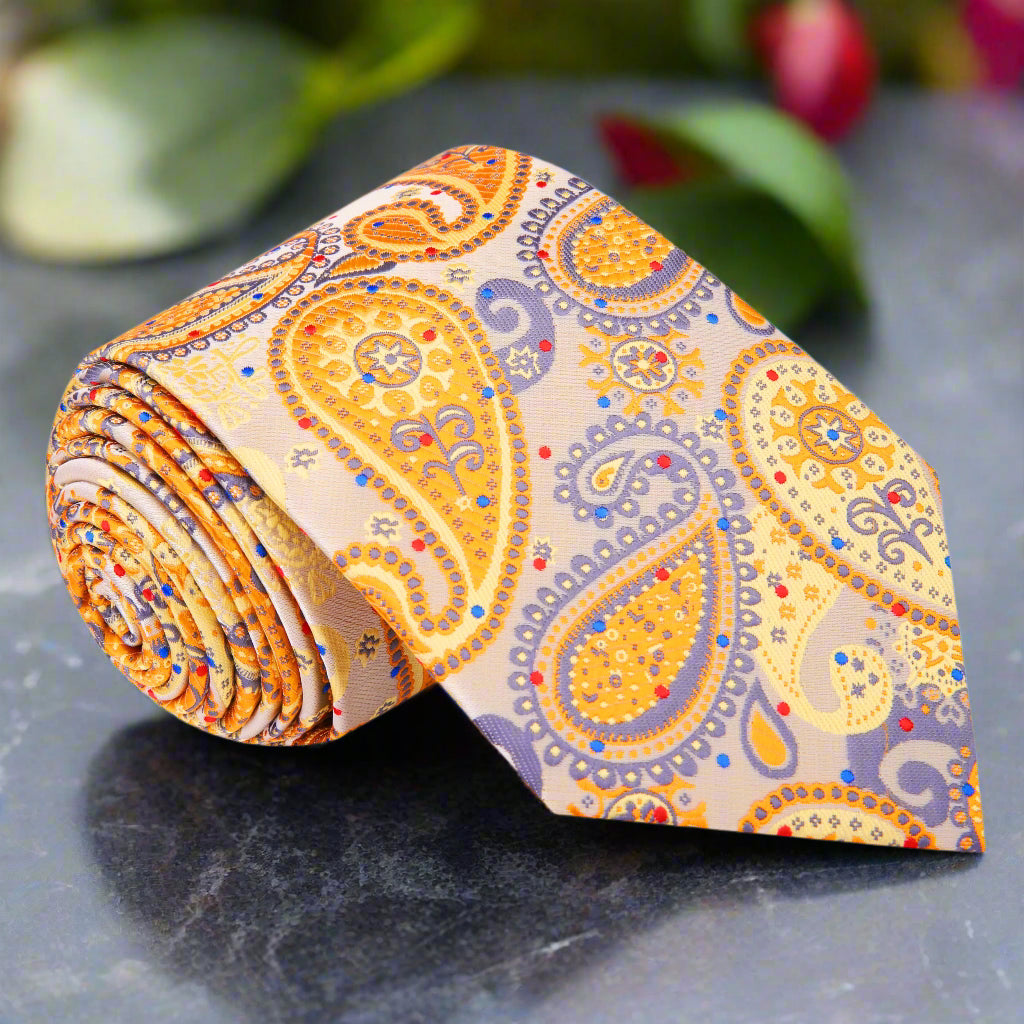 A Cream, Yellow, Red, Blue Paisley Pattern Silk Necktie 
