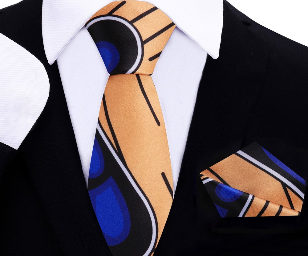 A Cream, Blue, Black, White, Black Color Abstract Paisley Pattern Thin Tie, Pocket Square ||Cream, Blue, Black, White