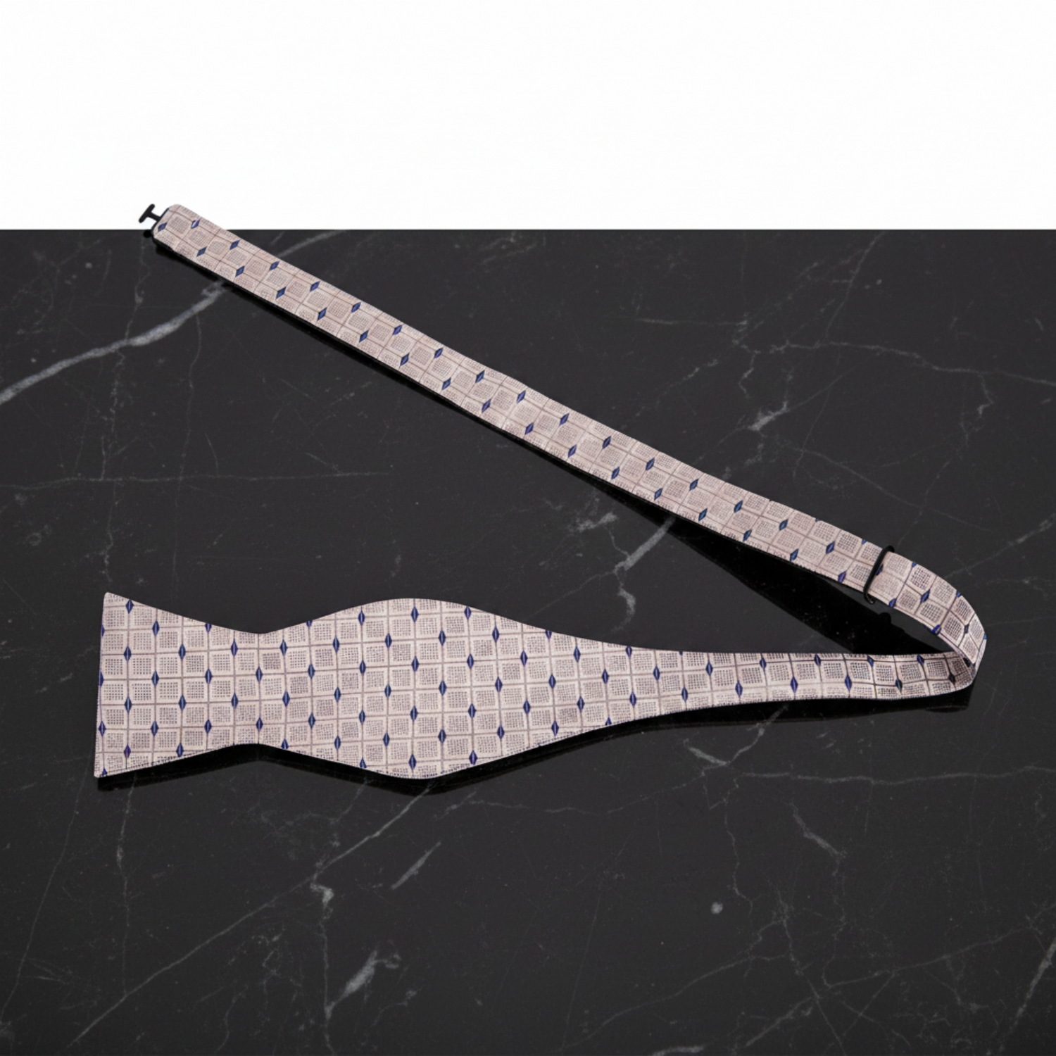 View 2: Cream Blue Geometric Check Pattern Self Tie Bow Tie