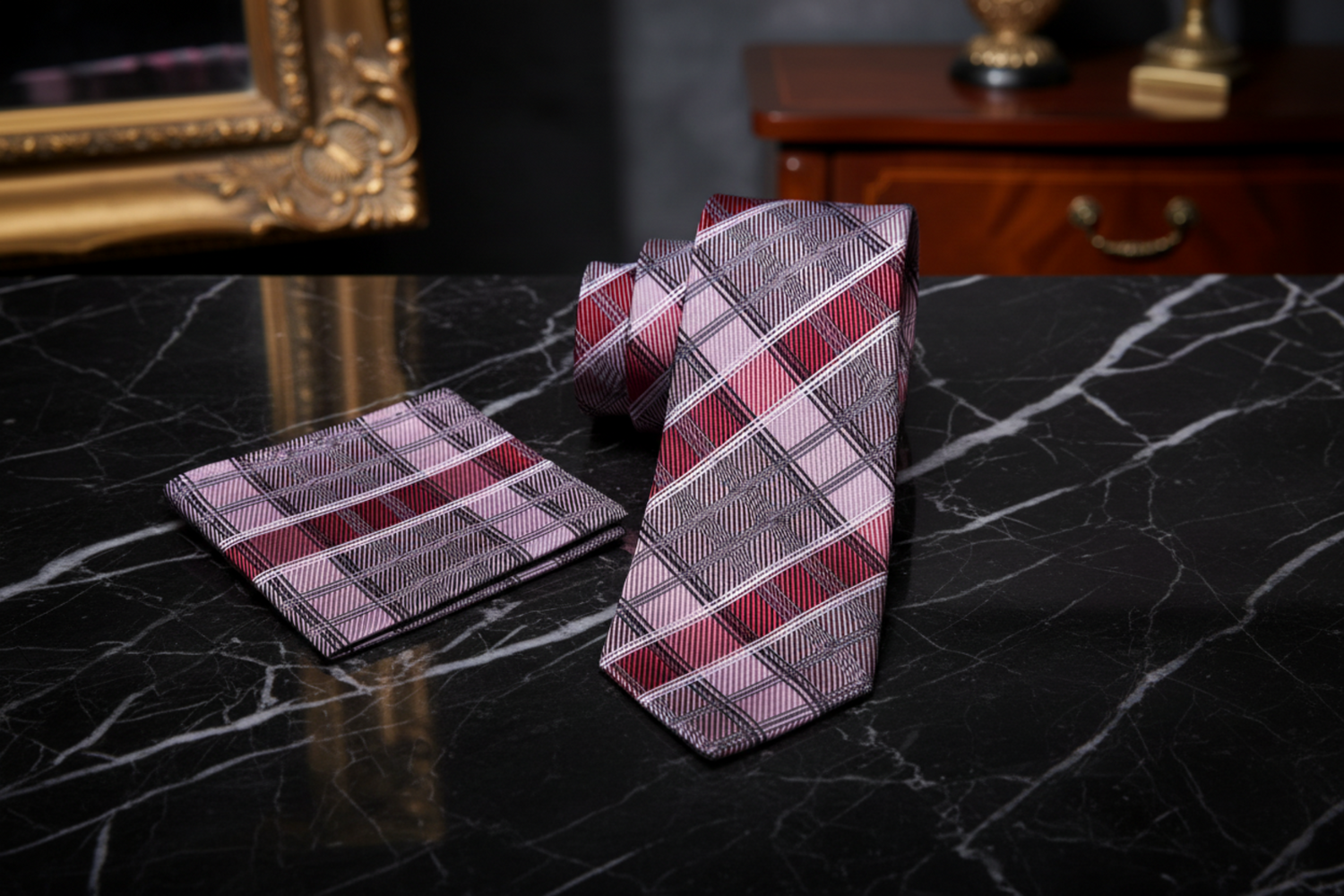 View 2 Shades of Red Plaid Tie and Matching Square