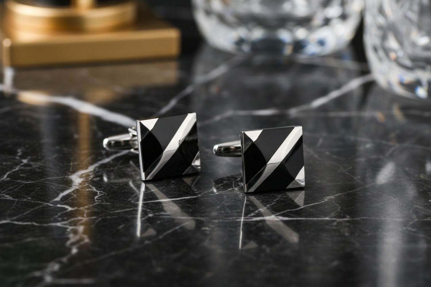 A Chrome, Black Square with Lines Design Cuff-links