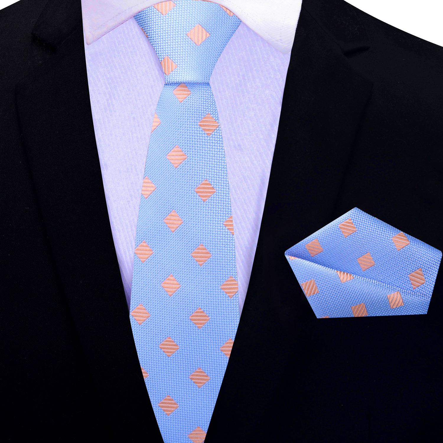 Thin Light Blue and Salmon Geometric Necktie and Square