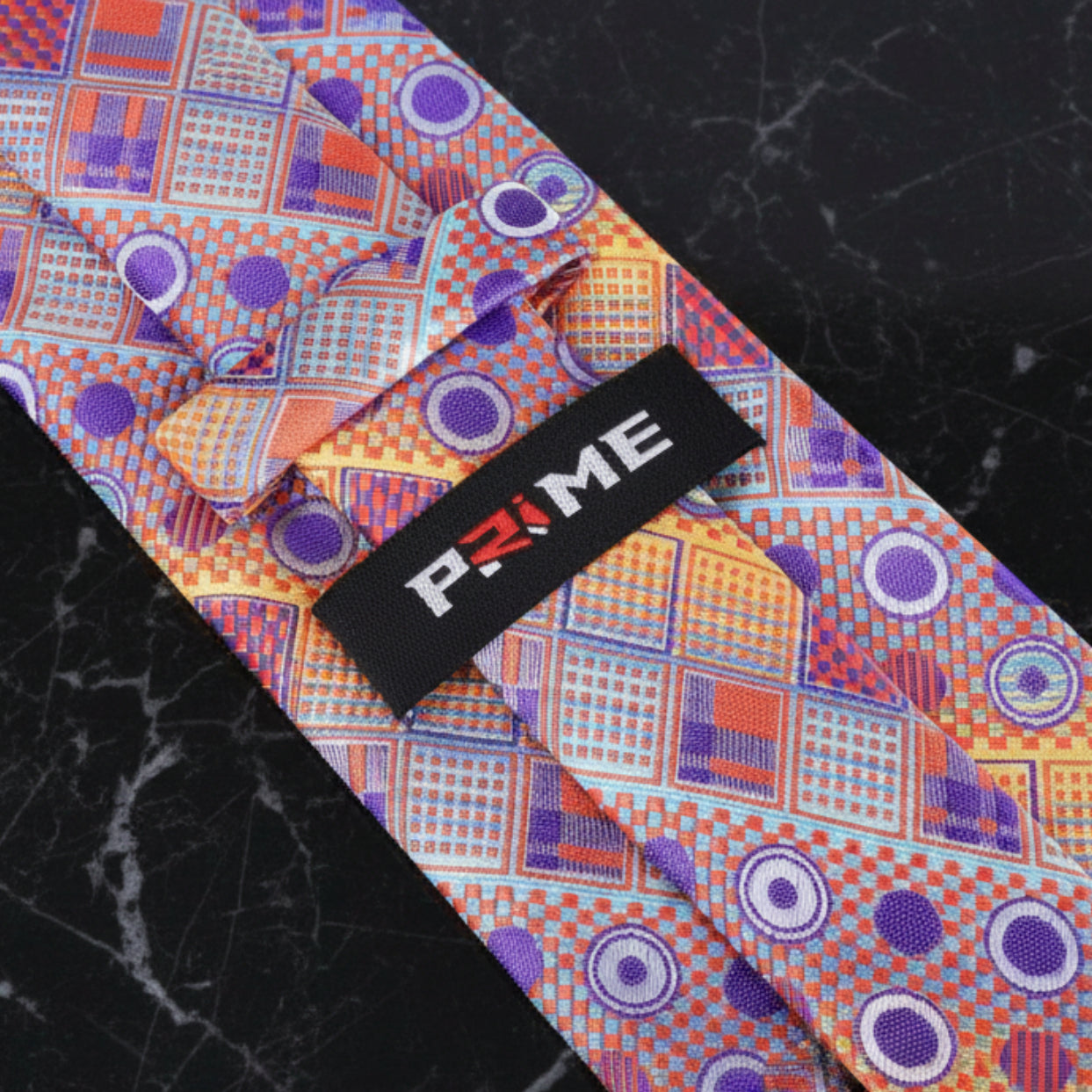 Orange, Purple Circles and Squares Tie Keep