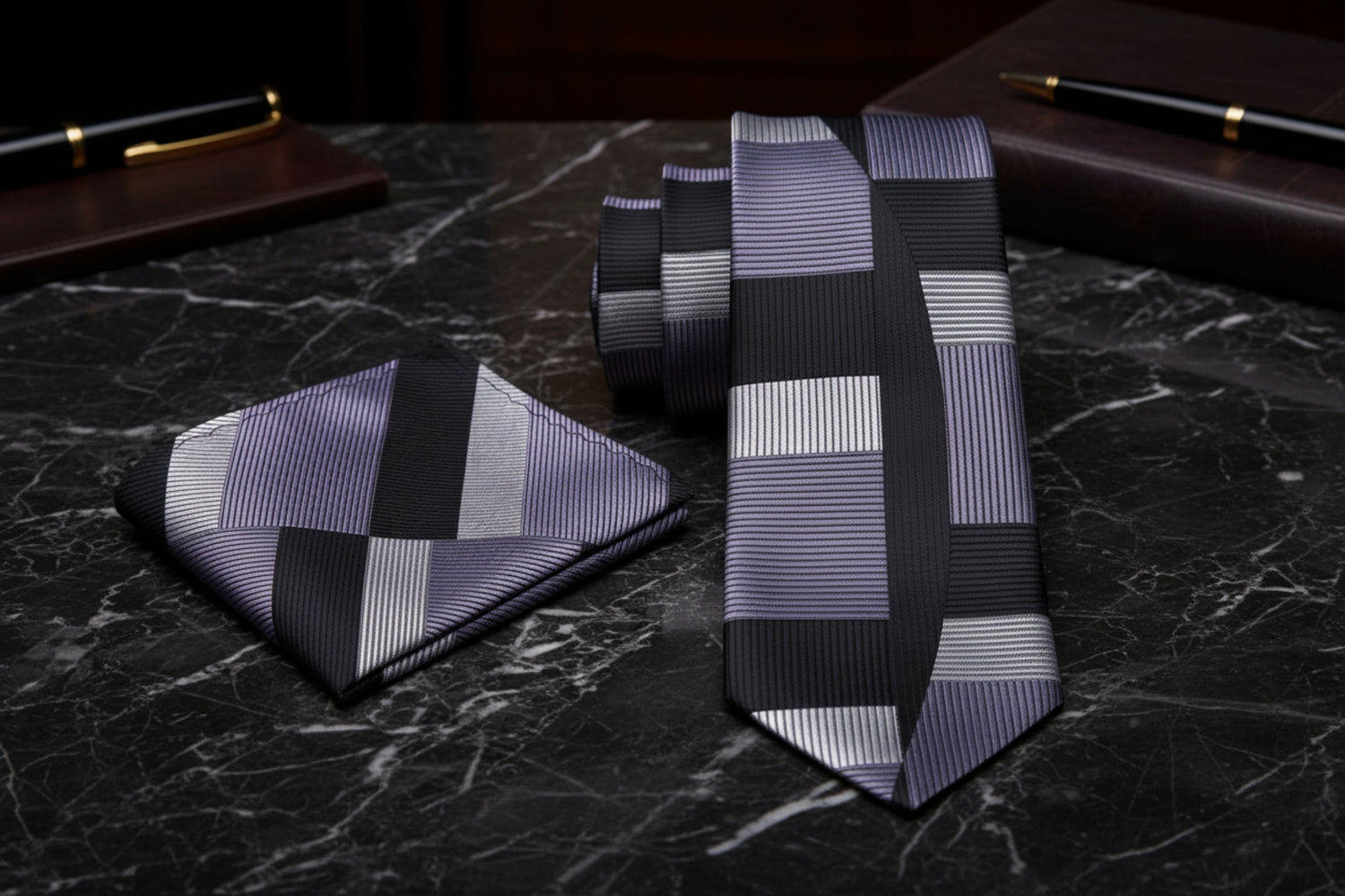 Grey, Black Geometric/Abstract Tie and Pocket Square