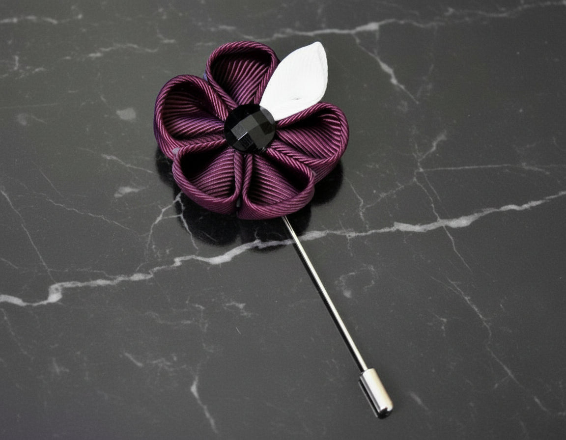 A Burgundy, White Colored Thick Petal Lapel Flower||Burgundy, White