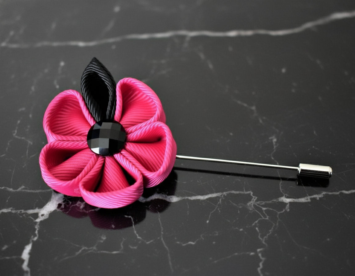 A Pink, Black Colored Thick Petal Lapel Flower||Pink, Black