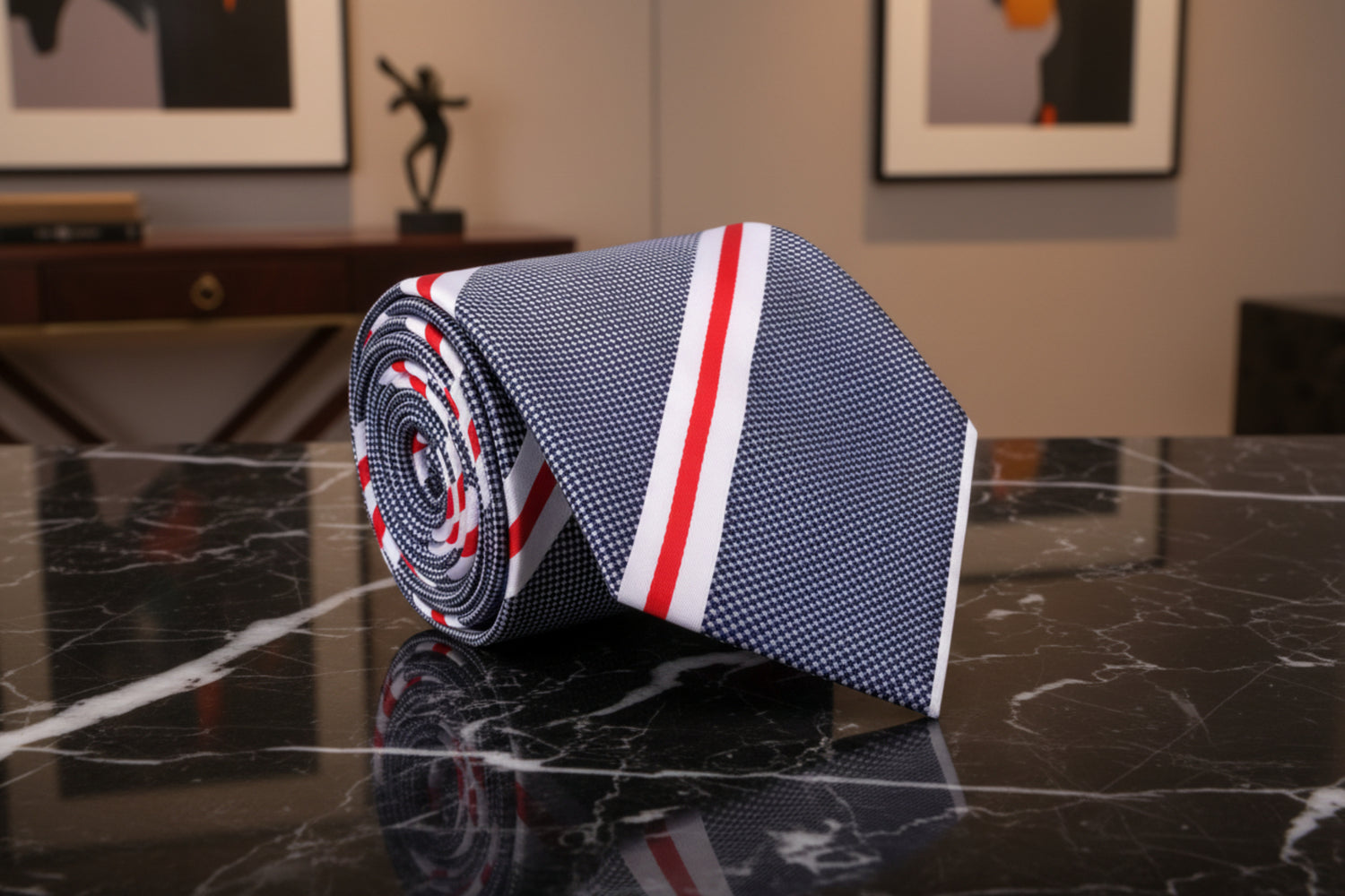 Dark Blue, White, Red Dapper Stripe Tie