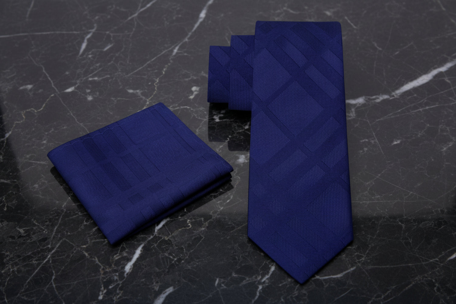 View 2: A Solid Dark Blue With Lines Texture Necktie, Matching Pocket Square