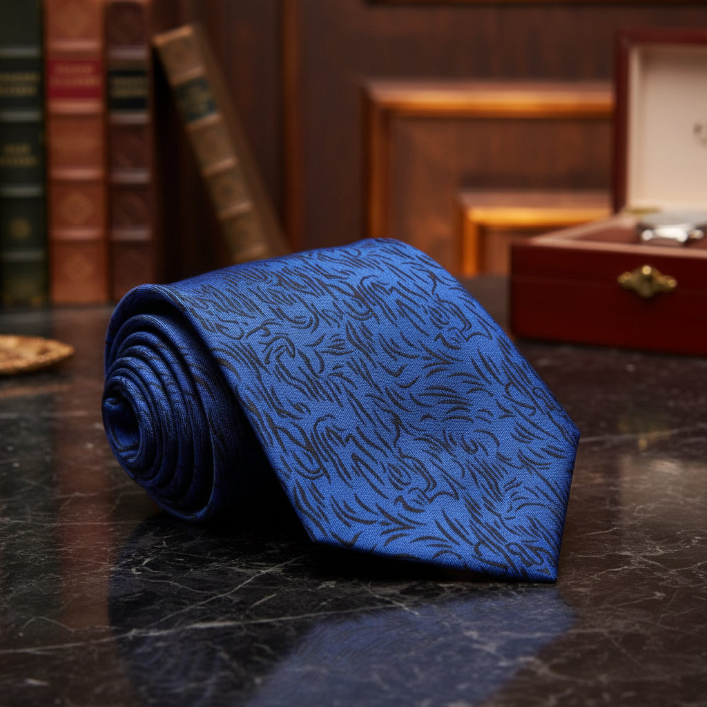 Single Tie: Navy Blue, Black Abstract Lines Necktie 