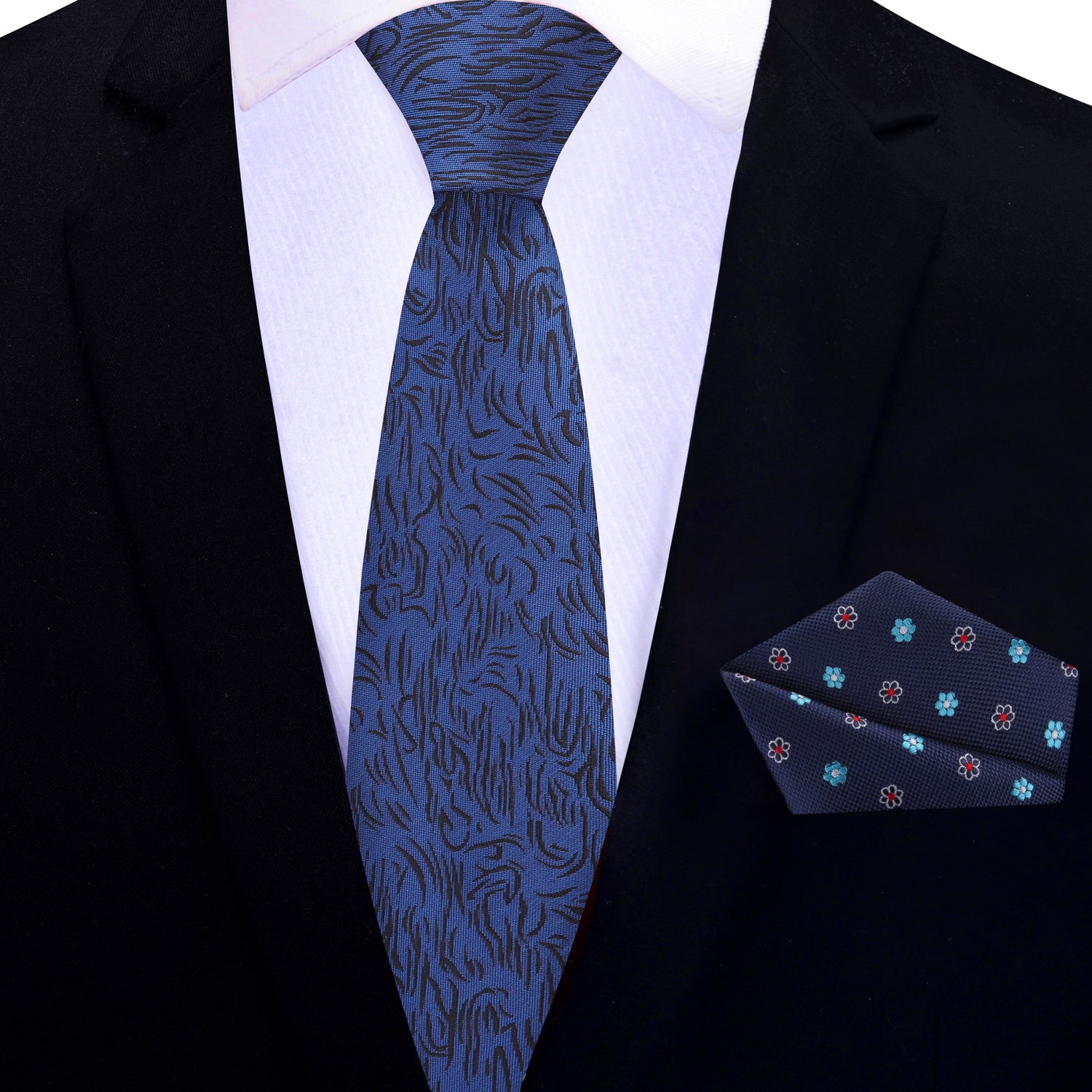 Thin Tie: Navy Blue, Black Abstract Lines Necktie with Dark Blue Floral Square