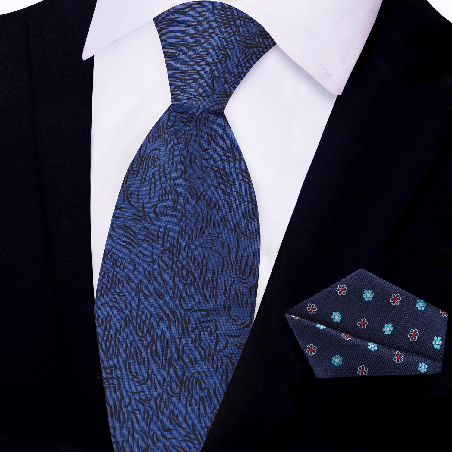 View 2: Navy Blue, Black Abstract Lines Necktie with Dark Blue Floral Square