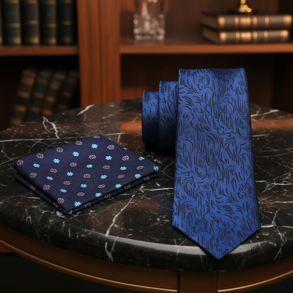 Alt  View; Navy Blue, Black Abstract Lines Necktie with Dark Blue Floral Square