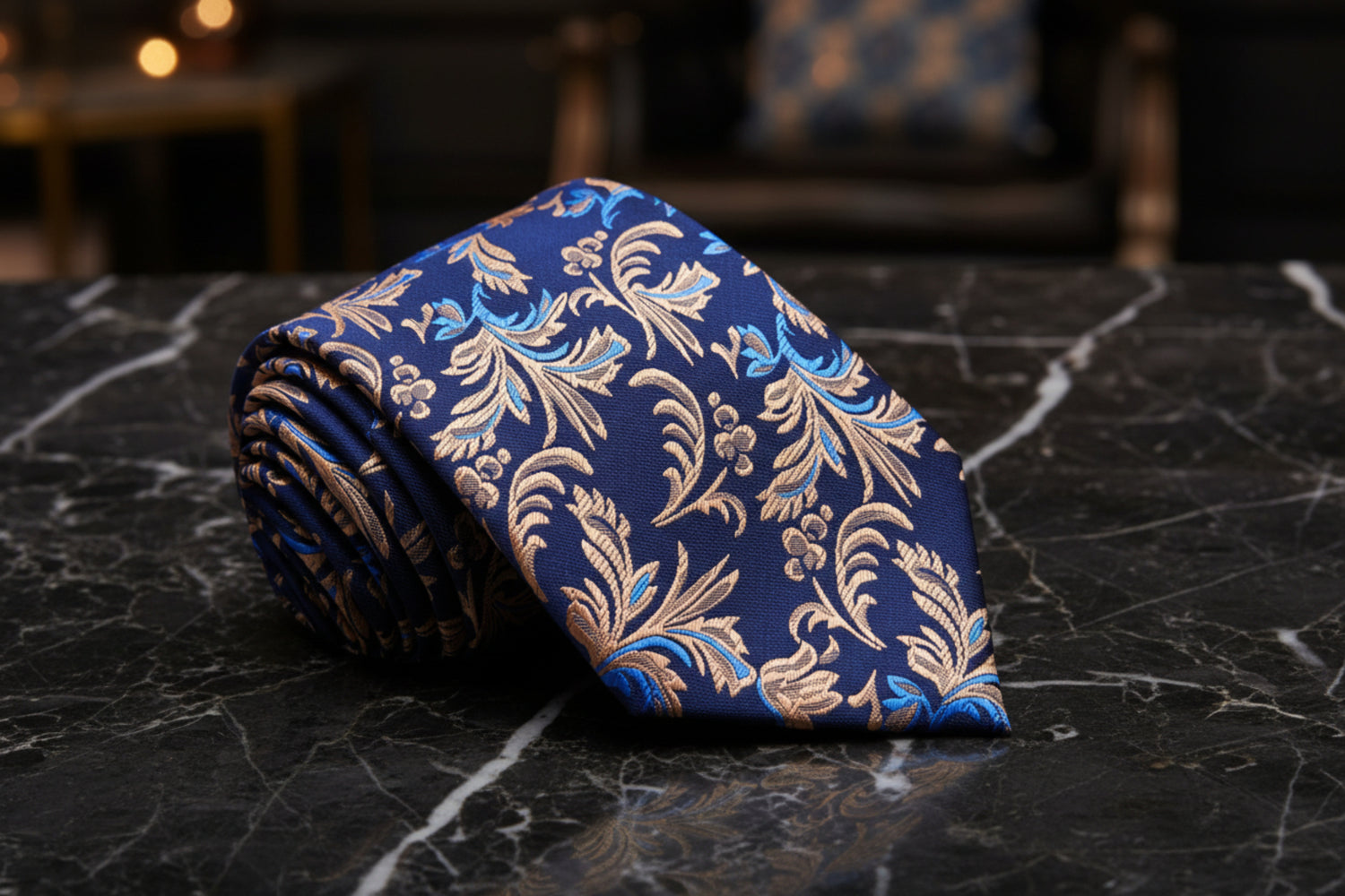 Shades of Blue and Brown Floral Vines Necktie 