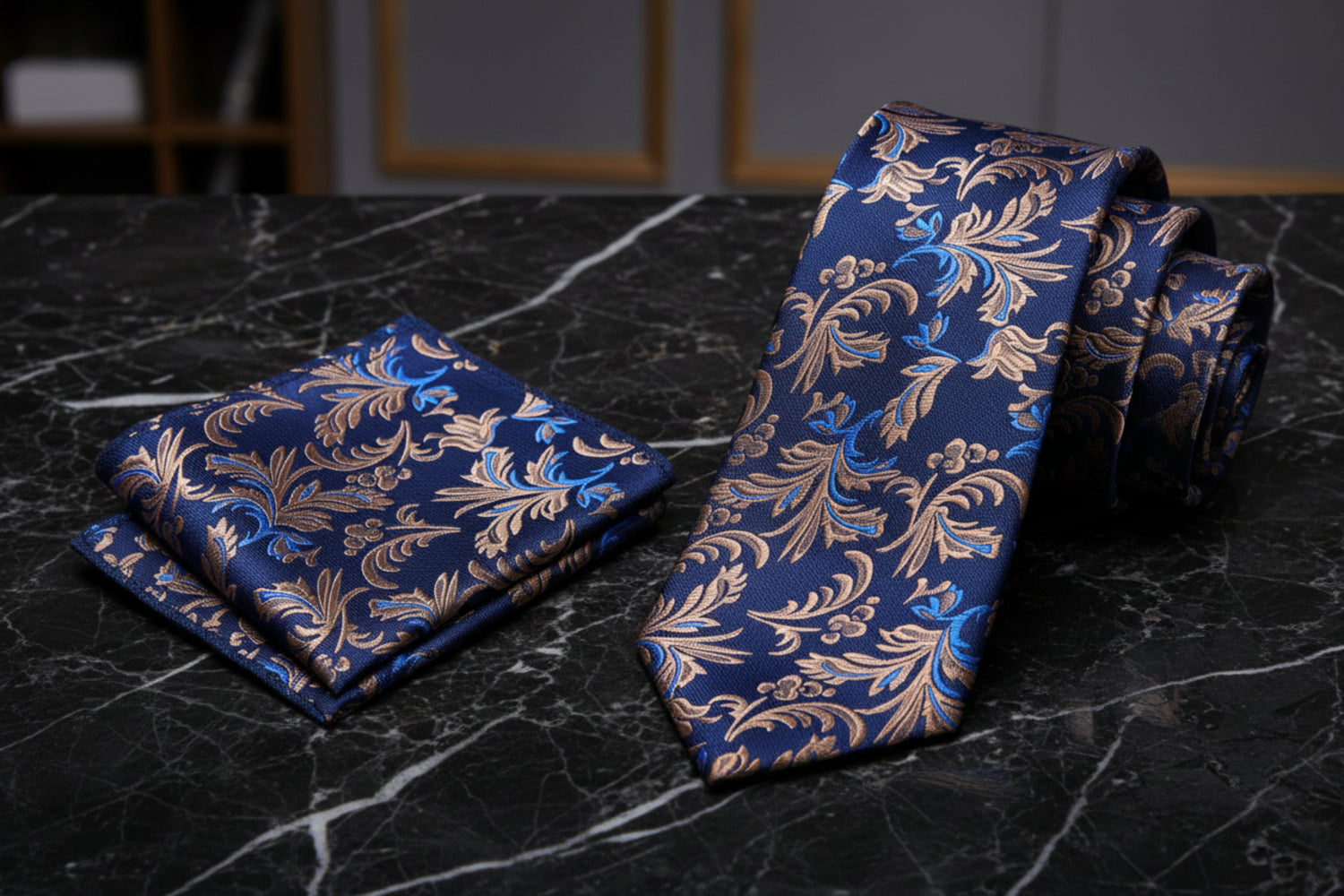 Alt View: Shades of Blue and Brown Floral Vines Necktie and Pocket Square